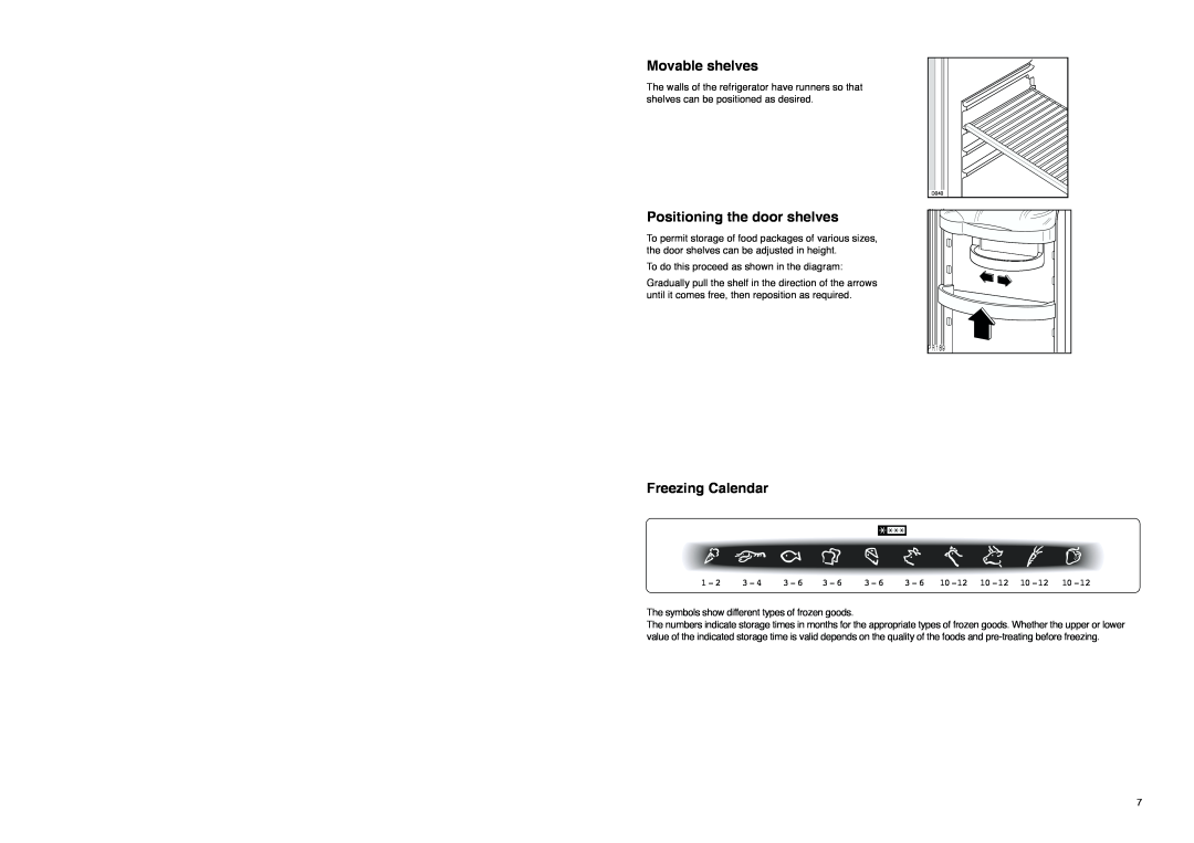Tricity Bendix FD 855 SI Movable shelves, Positioning the door shelves, Freezing Calendar, 3 - 6 10 -12 10 -12 10 -12 10 