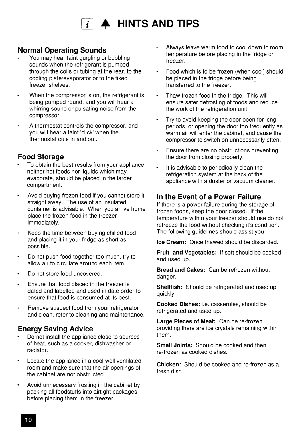 Tricity Bendix FD106W instruction manual Hints and Tips, Normal Operating Sounds, Food Storage, Energy Saving Advice 