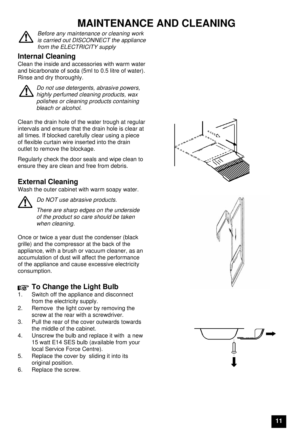 Tricity Bendix FD106W Maintenance and Cleaning, Internal Cleaning, External Cleaning, To Change the Light Bulb 