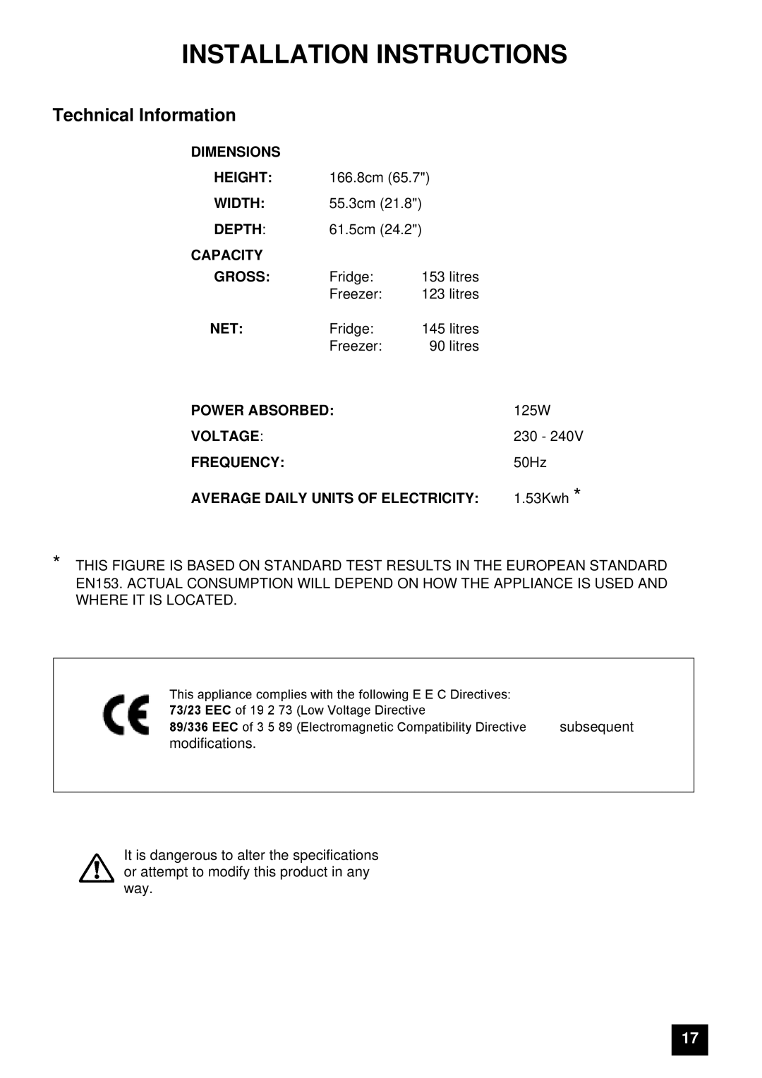 Tricity Bendix FD106W instruction manual Installation Instructions, Technical Information 