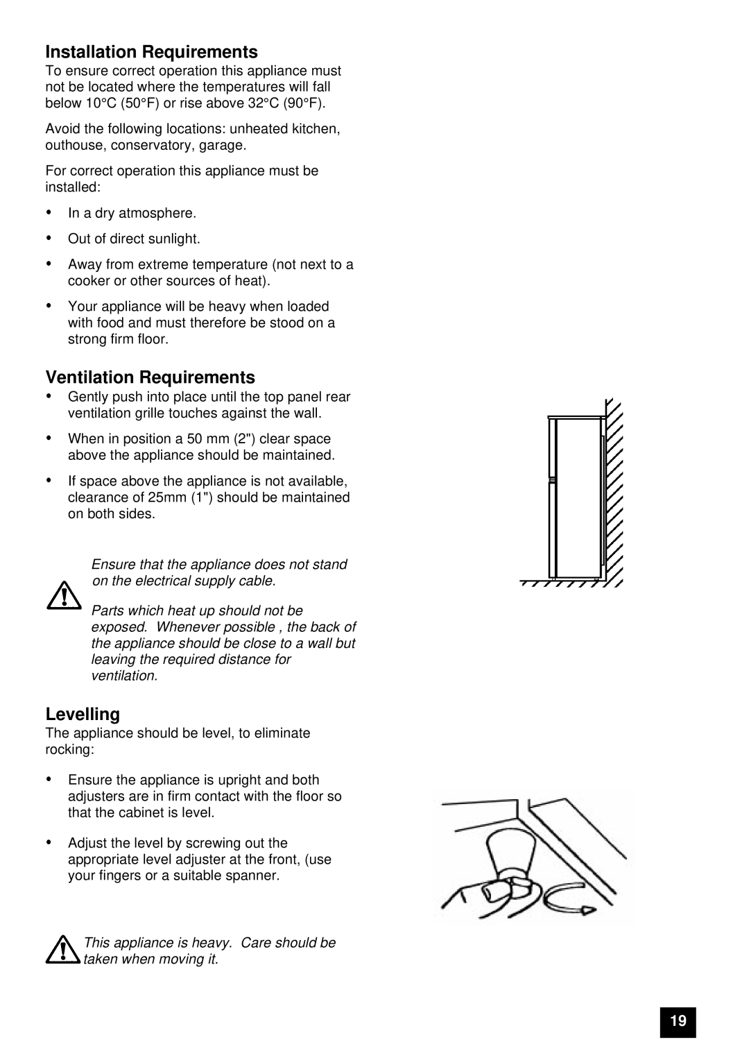 Tricity Bendix FD106W instruction manual Installation Requirements, Ventilation Requirements, Levelling 