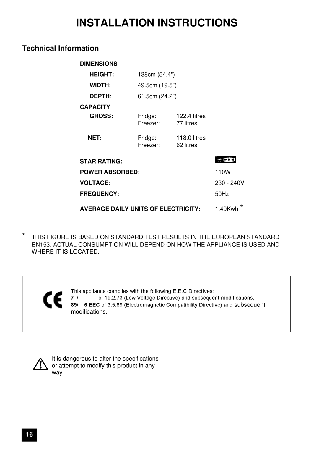 Tricity Bendix FD806W, ECD806 instruction manual Installation Instructions, Technical Information 