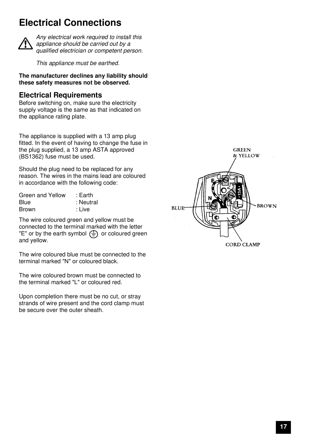 Tricity Bendix ECD806, FD806W instruction manual Electrical Connections, Electrical Requirements 