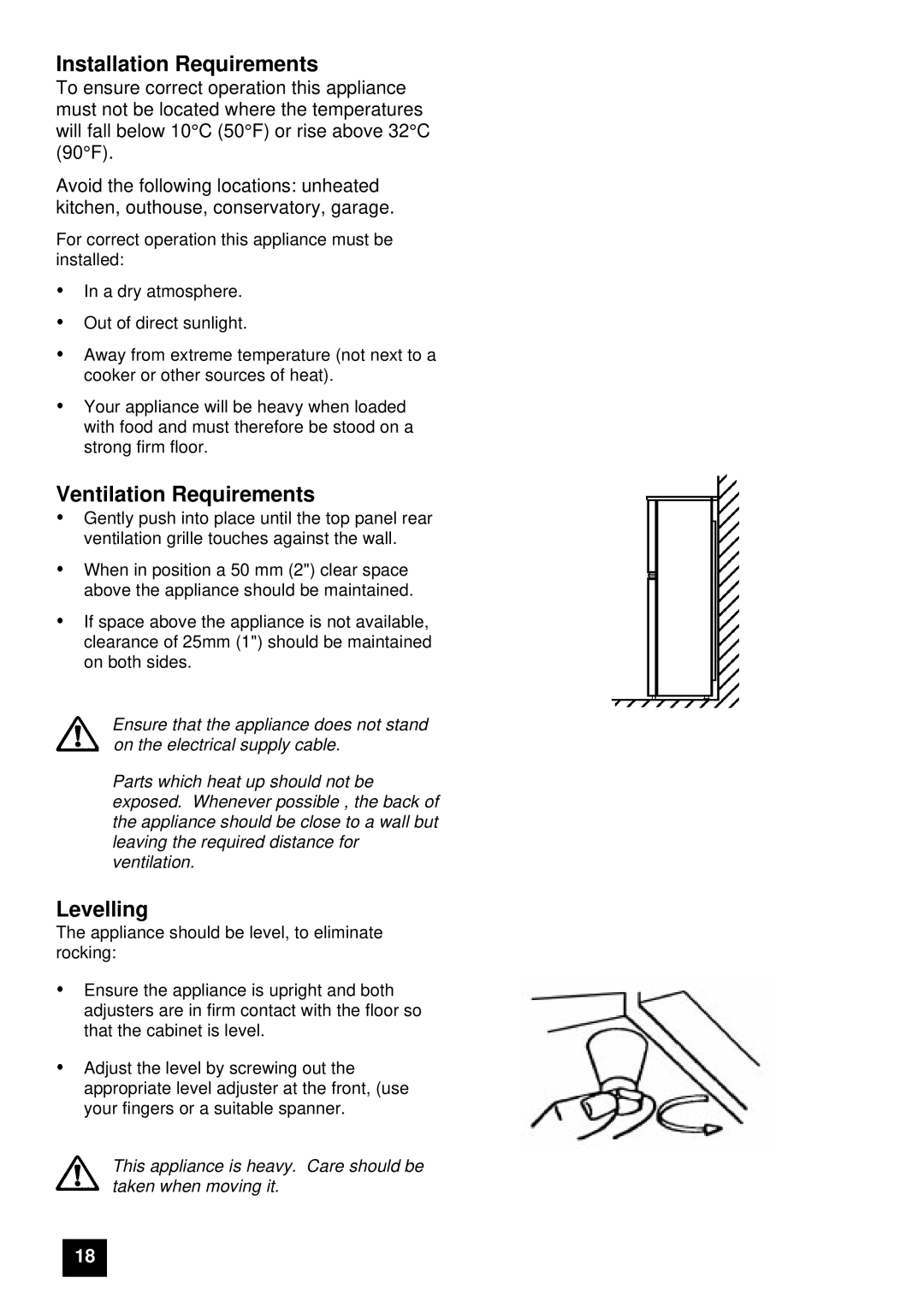 Tricity Bendix FD806W, ECD806 instruction manual Installation Requirements, Ventilation Requirements, Levelling 