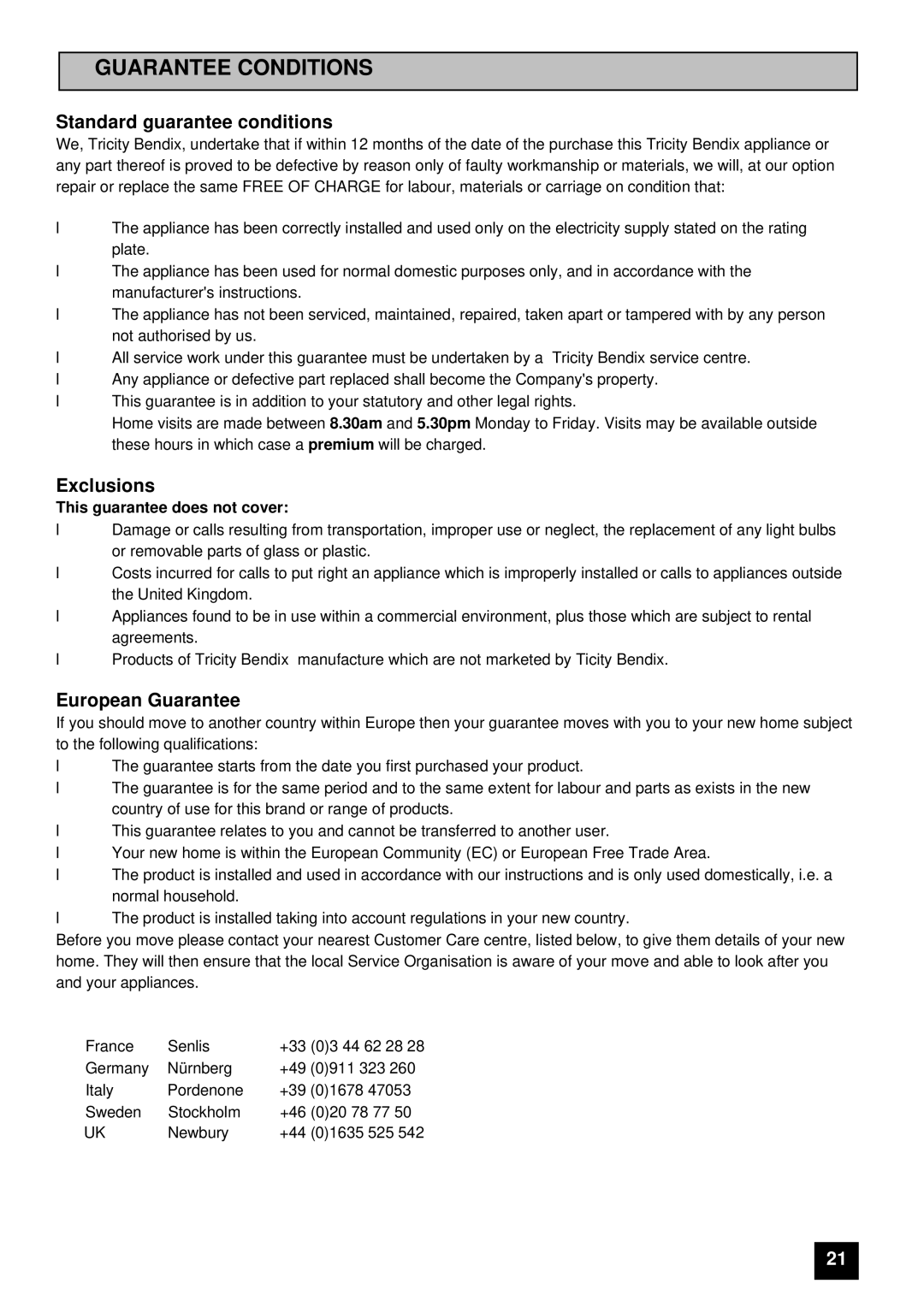 Tricity Bendix ECD806, FD806W instruction manual Guarantee Conditions 