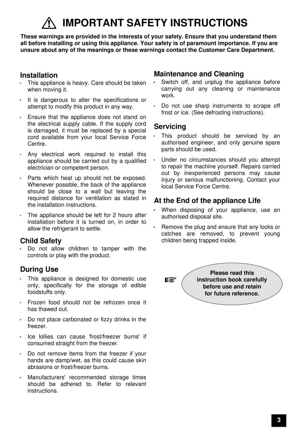 Tricity Bendix ECD806, FD806W instruction manual Important Safety Instructions 