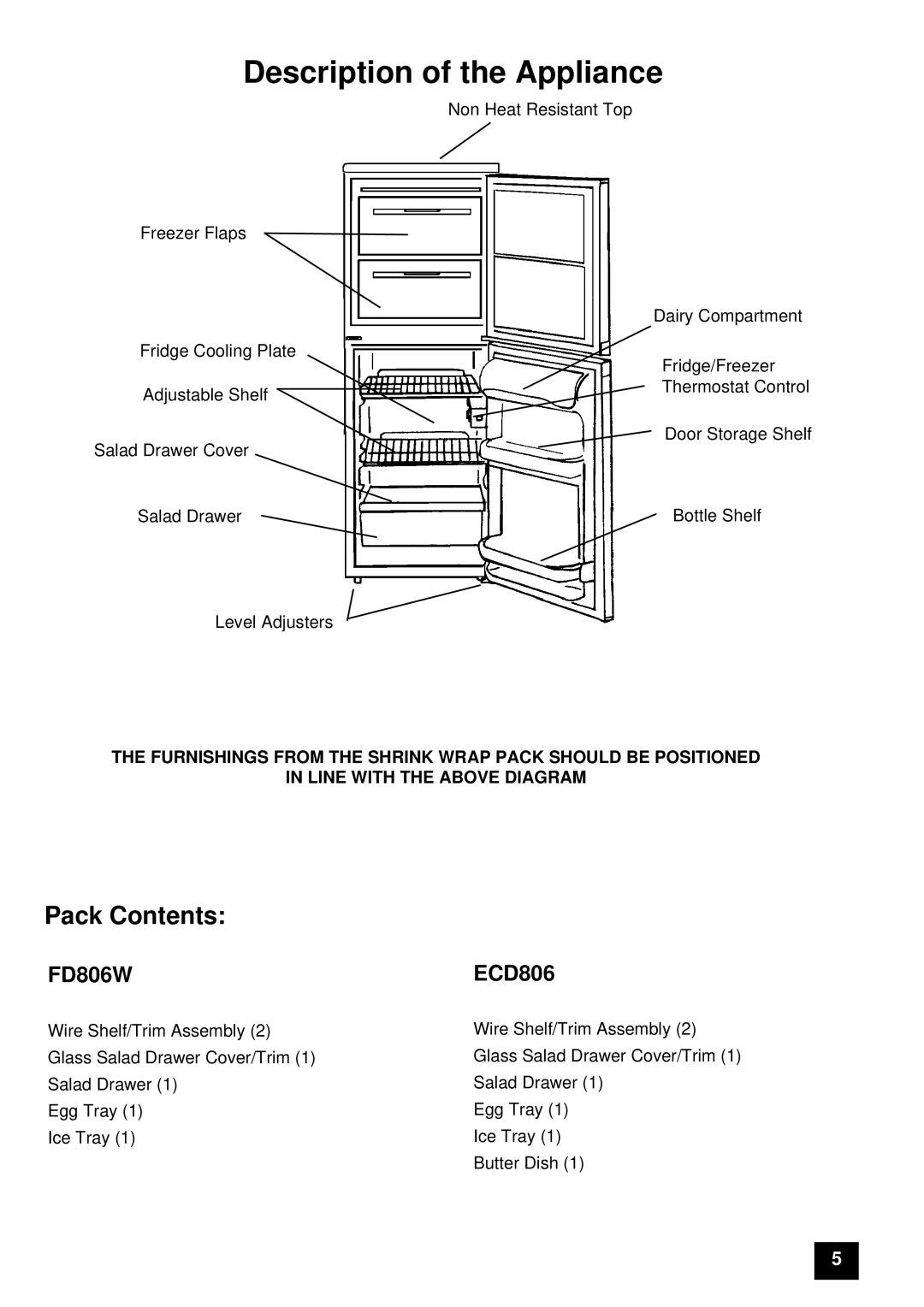 Tricity Bendix ECD806, FD806W instruction manual Description of the Appliance 