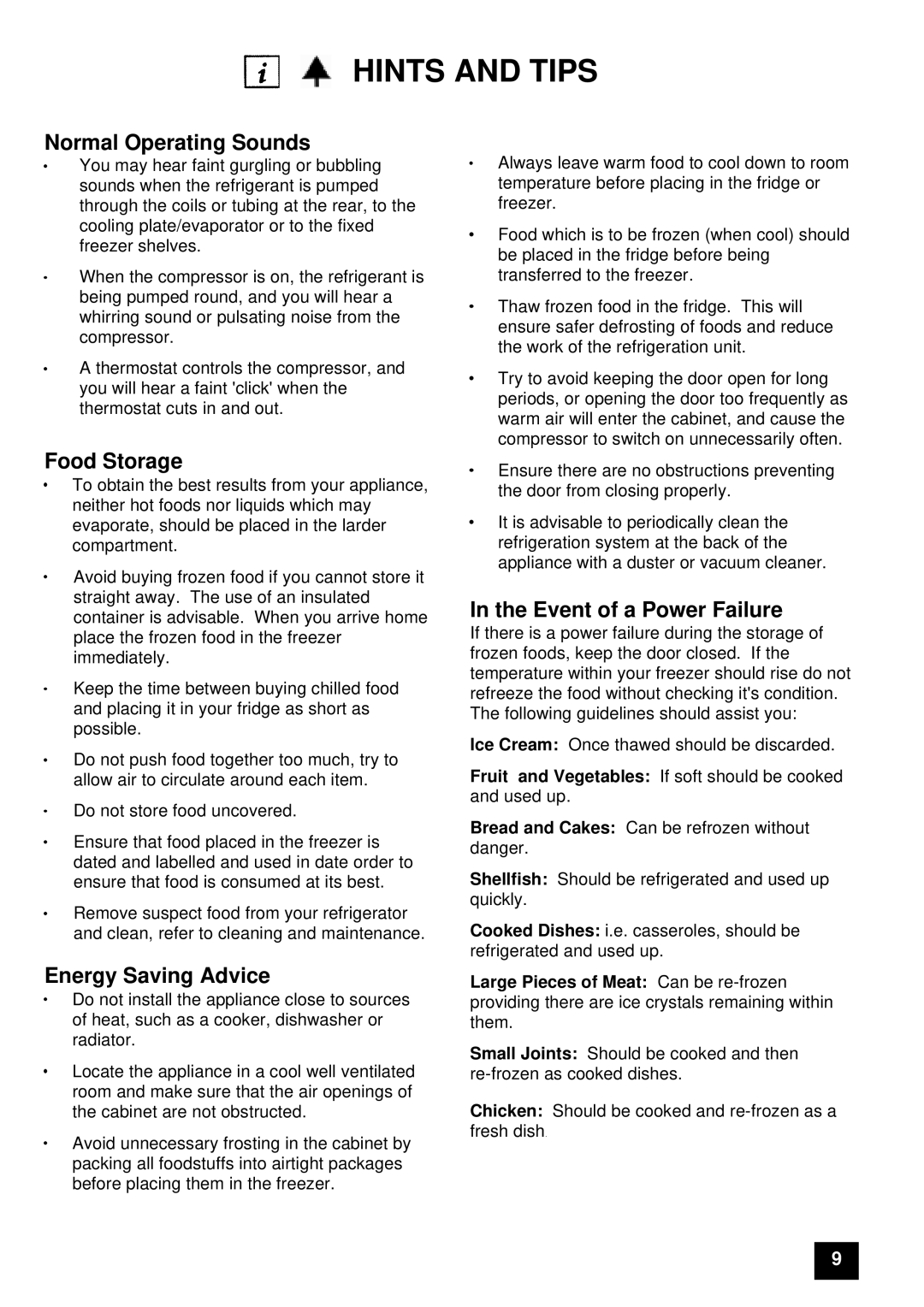 Tricity Bendix ECD806, FD806W instruction manual Hints and Tips, Normal Operating Sounds, Food Storage, Energy Saving Advice 