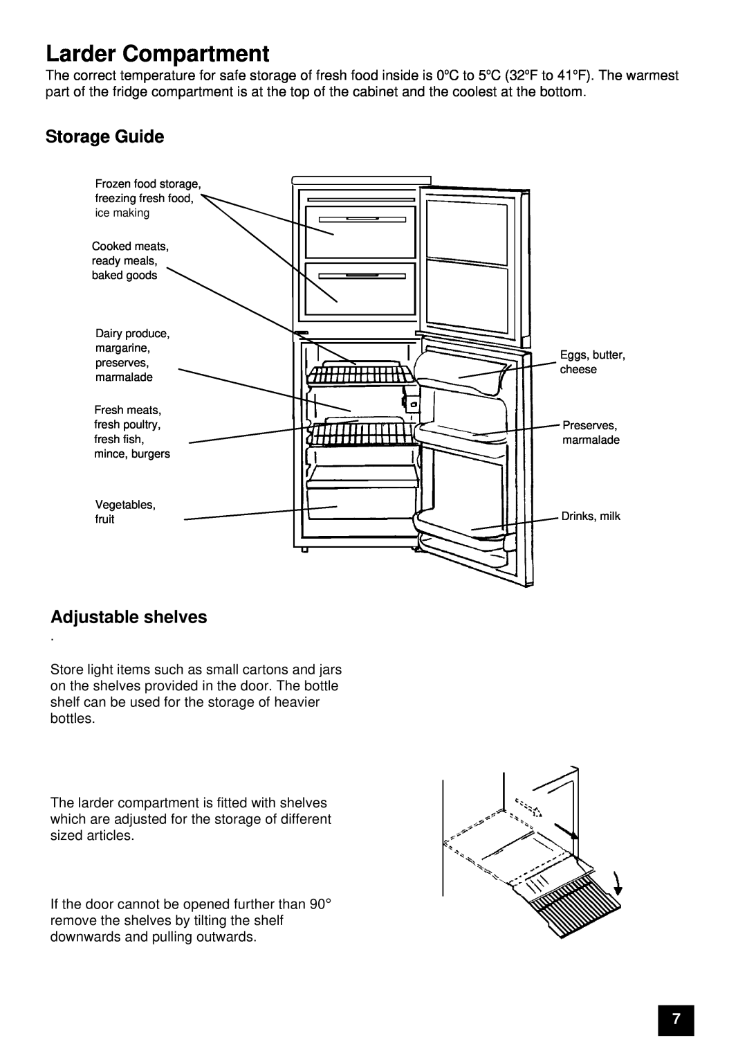 Tricity Bendix ECD806, FD806W instruction manual Larder Compartment, Storage Guide, Adjustable shelves 