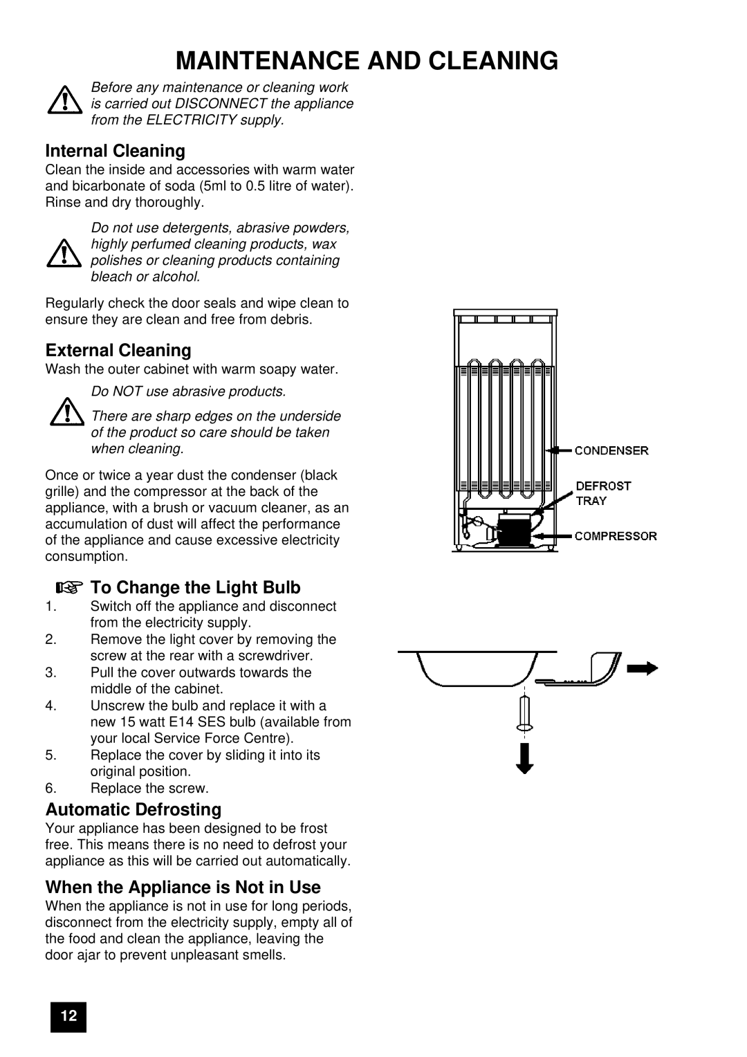 Tricity Bendix FDF107W instruction manual Maintenance and Cleaning 