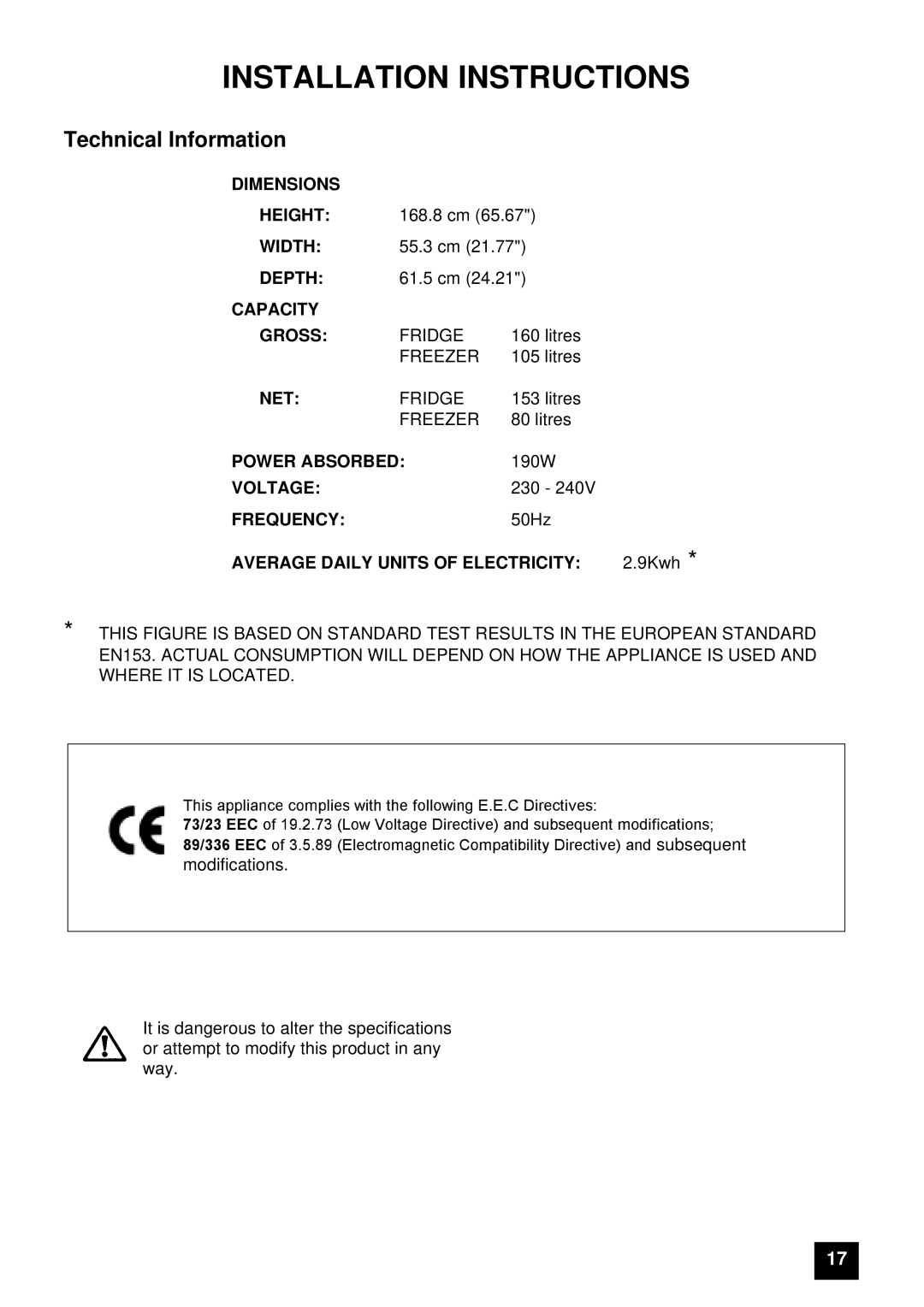 Tricity Bendix FDF107W instruction manual Installation Instructions, Average Daily Units of Electricity 