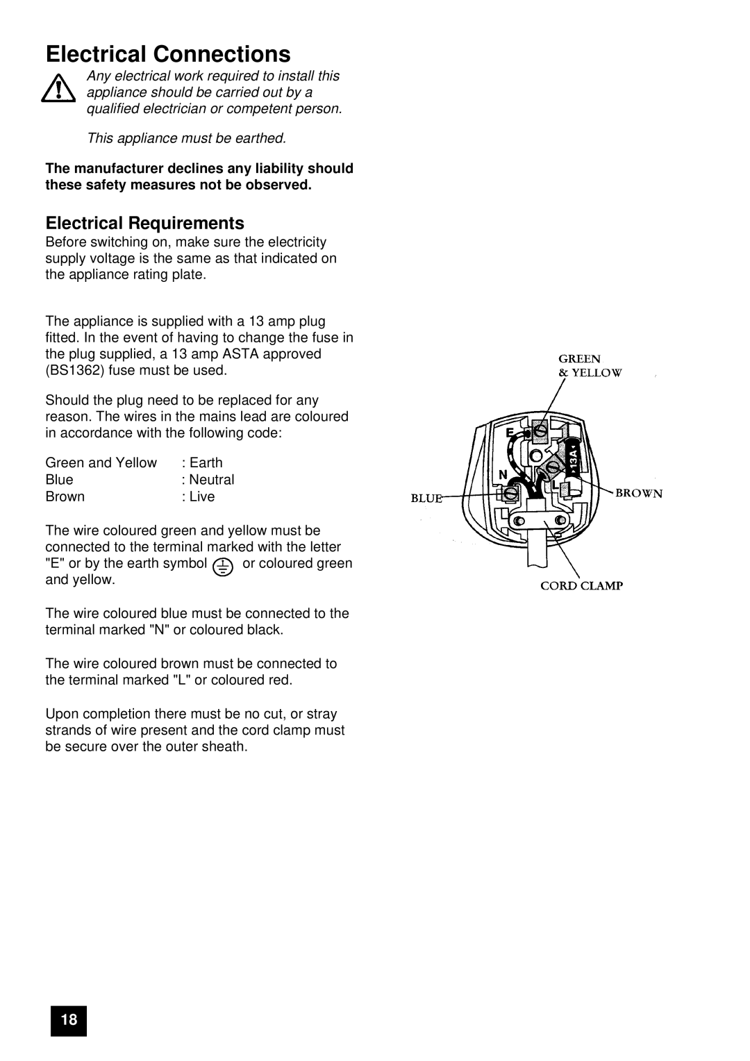 Tricity Bendix FDF107W instruction manual Electrical Connections, Electrical Requirements 