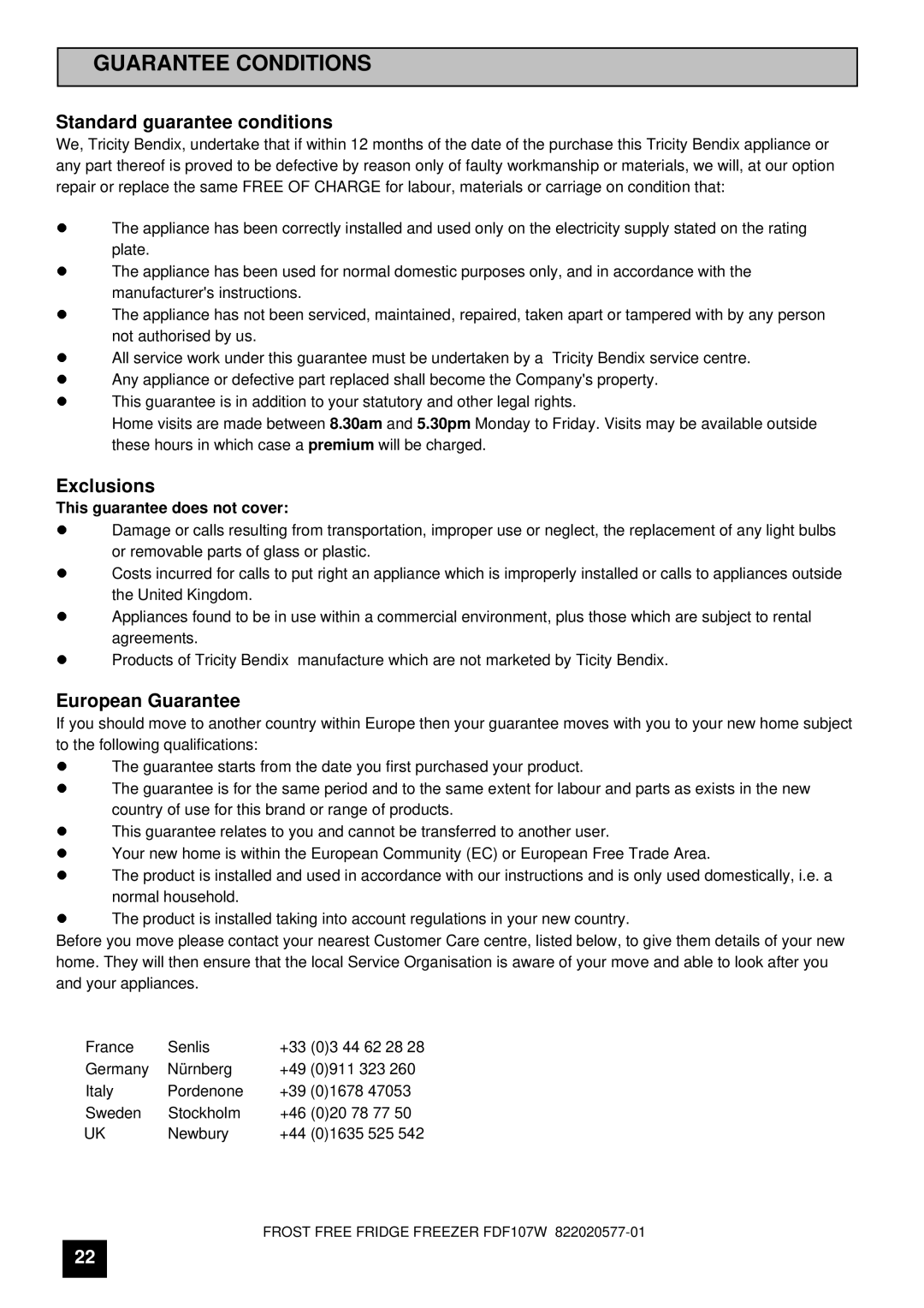 Tricity Bendix FDF107W instruction manual Guarantee Conditions 