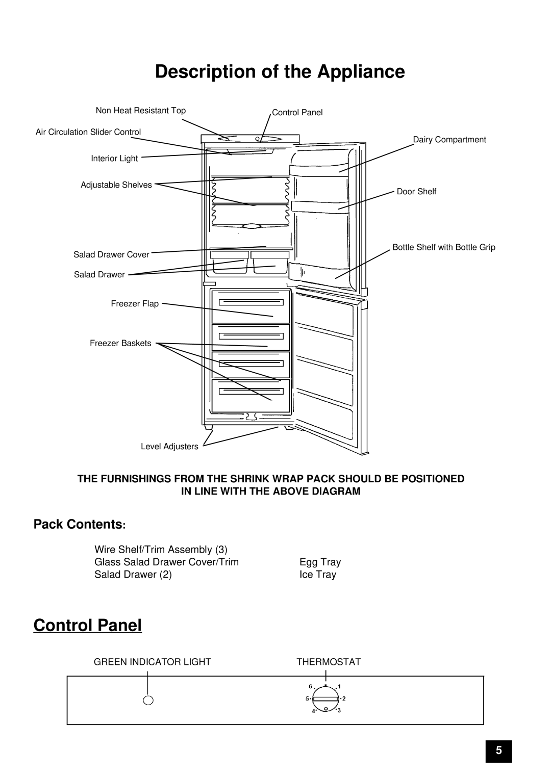 Tricity Bendix FDF107W instruction manual Control Panel, Pack Contents 