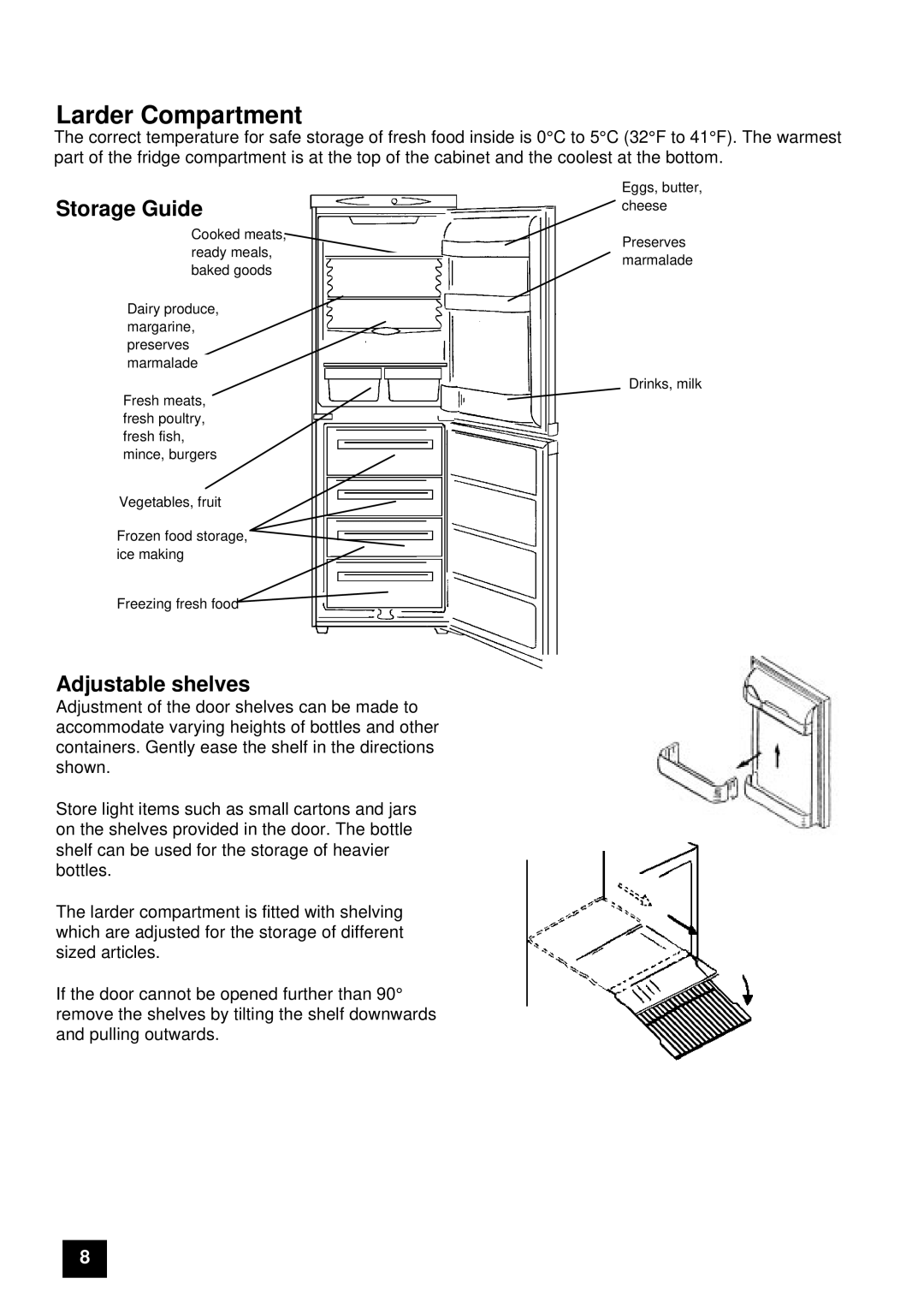 Tricity Bendix FDF107W instruction manual Storage Guide, Adjustable shelves 