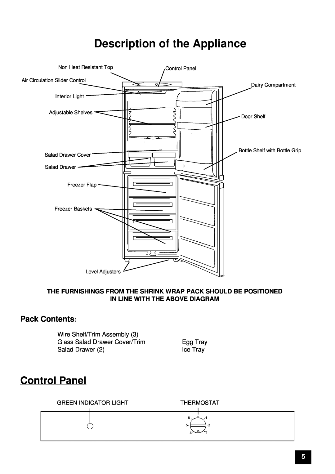 Tricity Bendix FDF107W instruction manual Description of the Appliance, Control Panel 