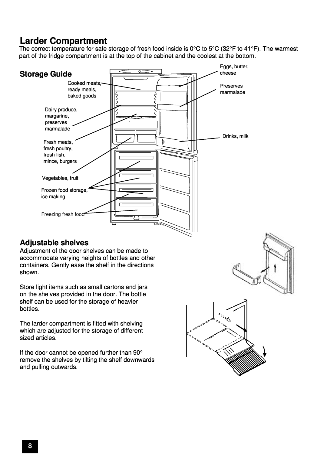 Tricity Bendix FDF107W instruction manual Larder Compartment, Storage Guide, Adjustable shelves 