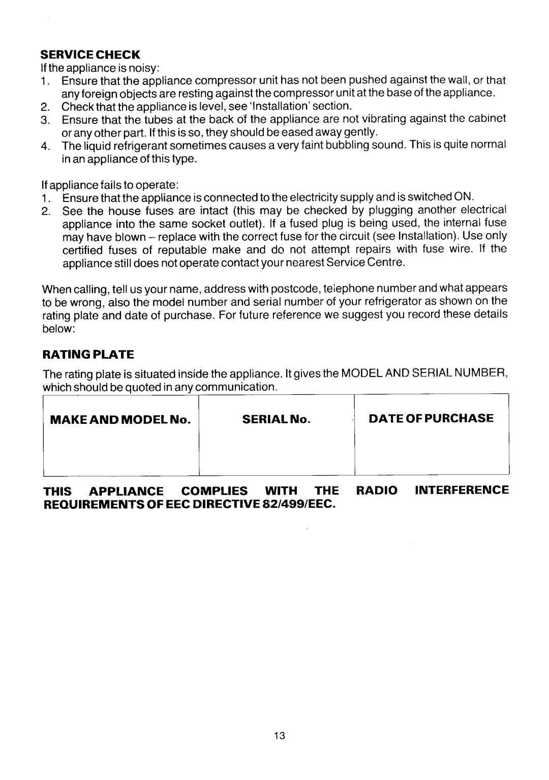 Tricity Bendix Freezer Operating manual 