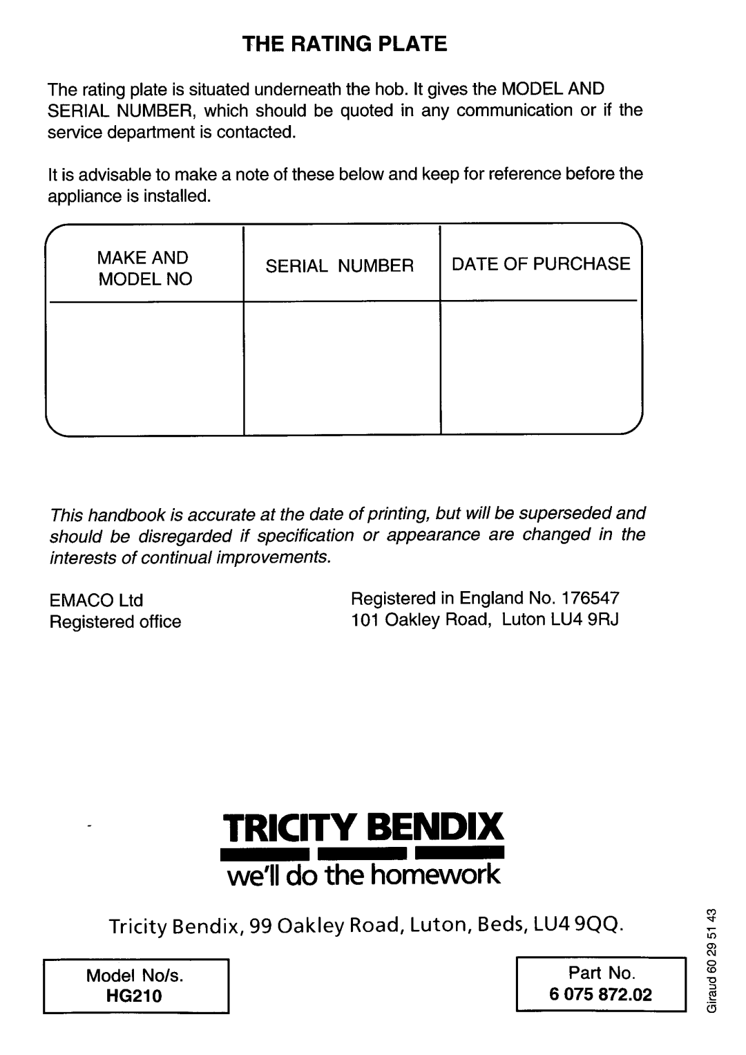 Tricity Bendix HG210 manual 