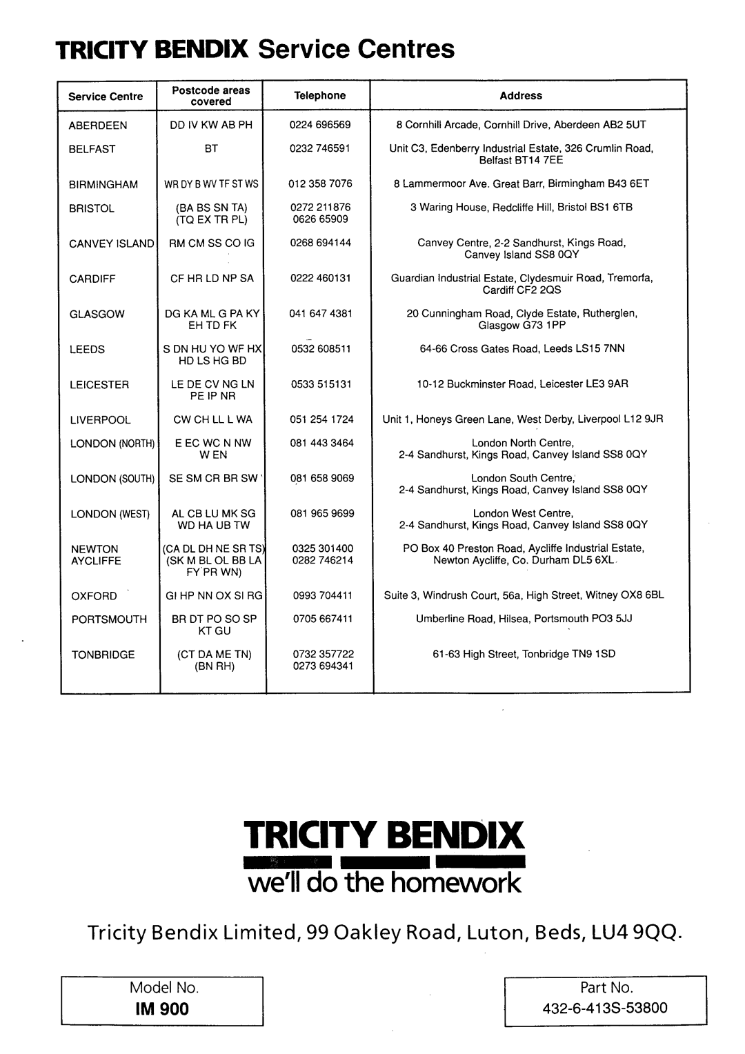 Tricity Bendix im900 manual 