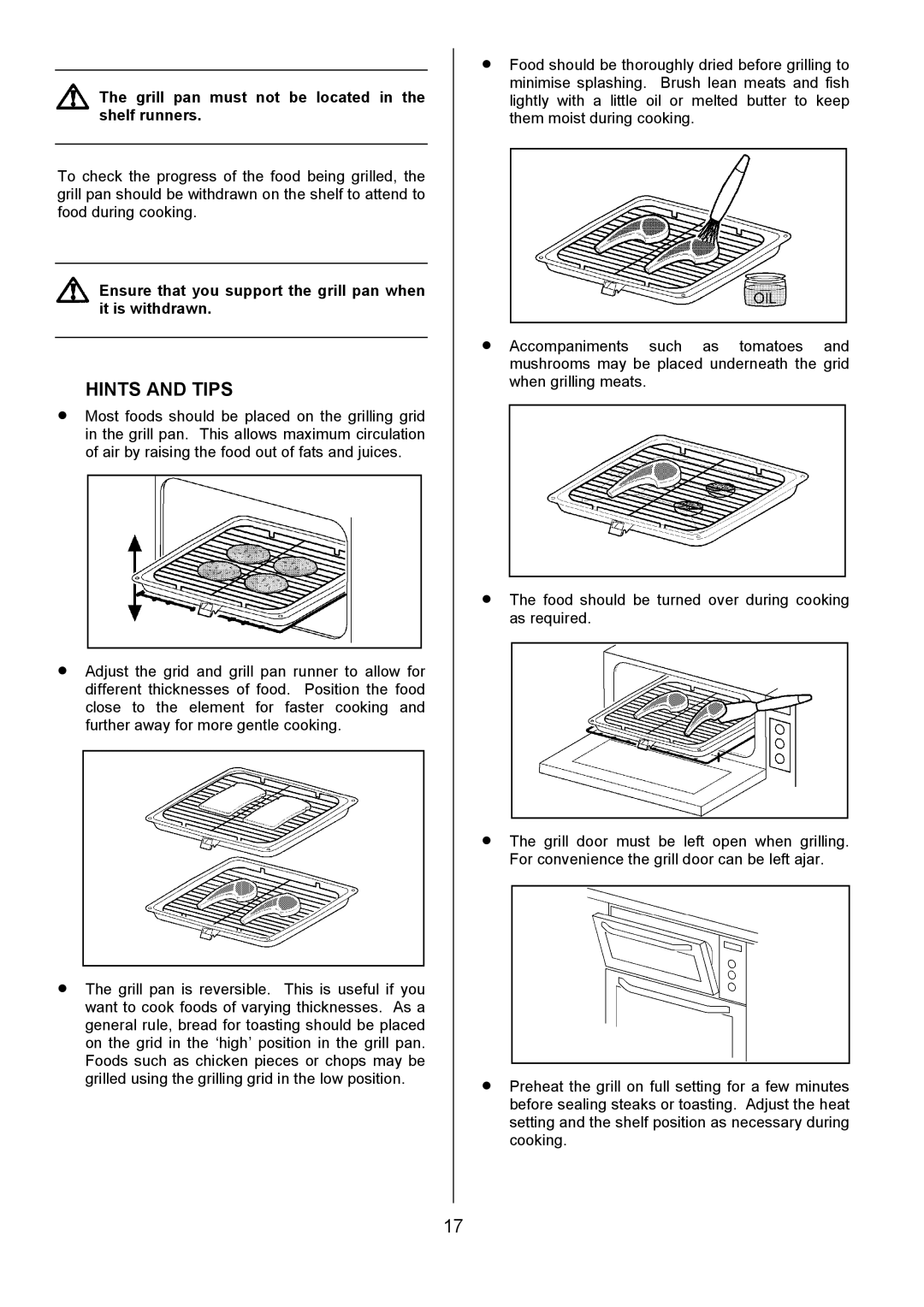 Tricity Bendix MDB700 installation instructions Hints and Tips, Grill pan must not be located in the shelf runners 