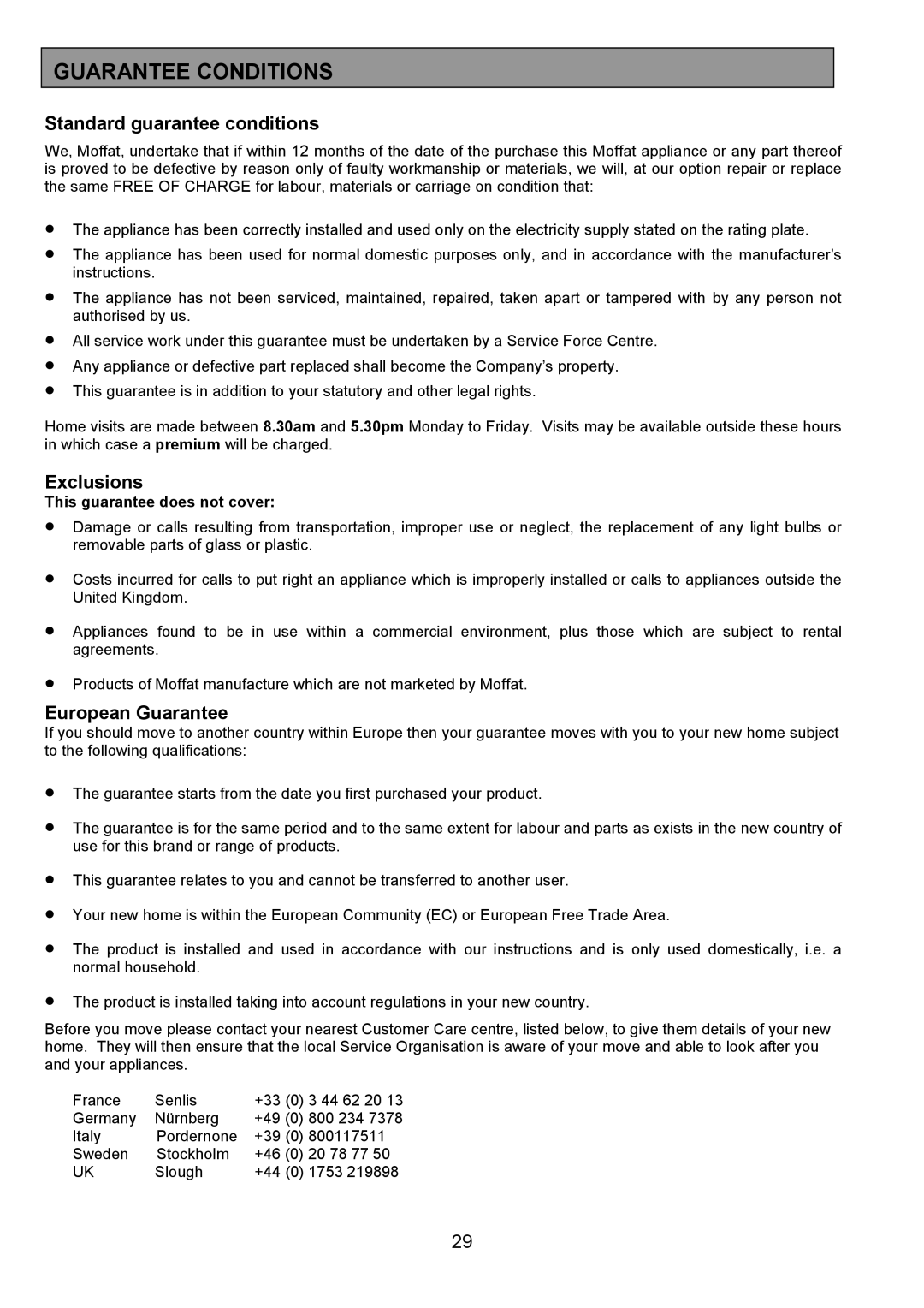 Tricity Bendix MDB700 installation instructions Guarantee Conditions, Standard guarantee conditions 