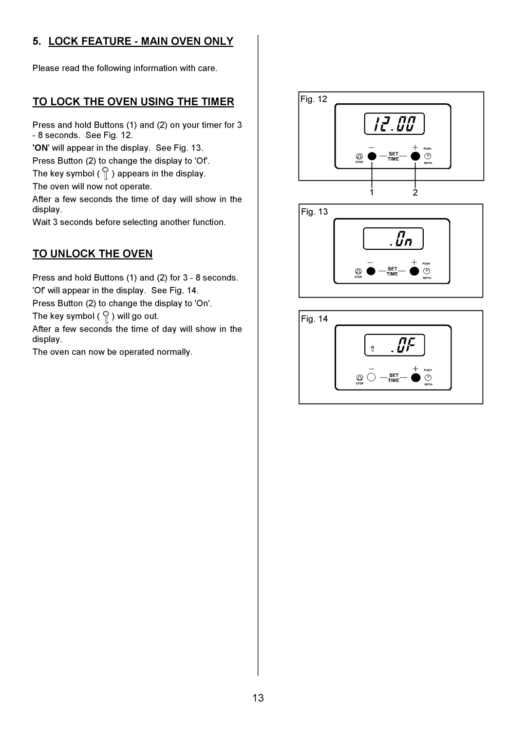 Tricity Bendix RE50G Lock Feature Main Oven only, To Lock the Oven Using the Timer, To Unlock the Oven 