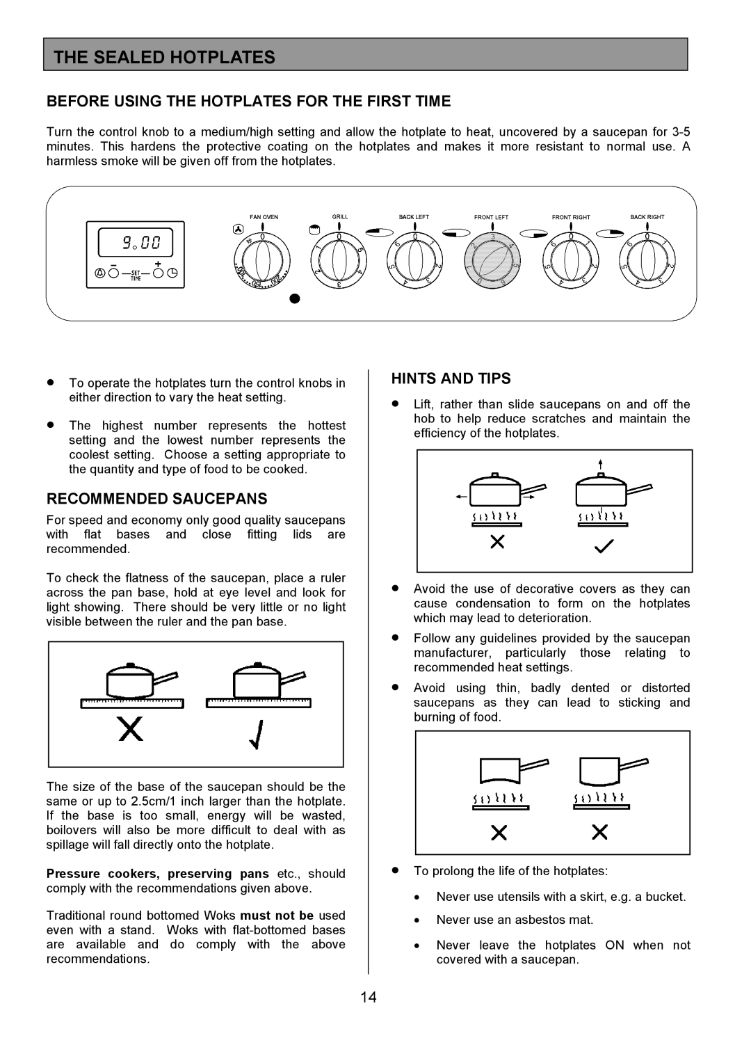 Tricity Bendix RE50G Sealed Hotplates, Before Using the Hotplates for the First Time, Recommended Saucepans 