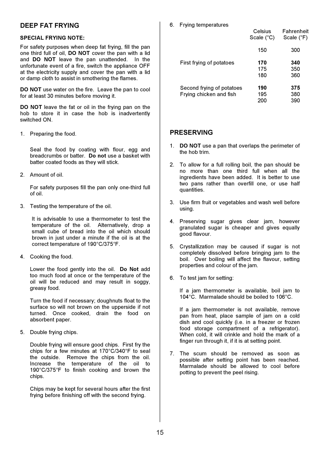 Tricity Bendix RE50G installation instructions Deep FAT Frying, Preserving, Special Frying Note 