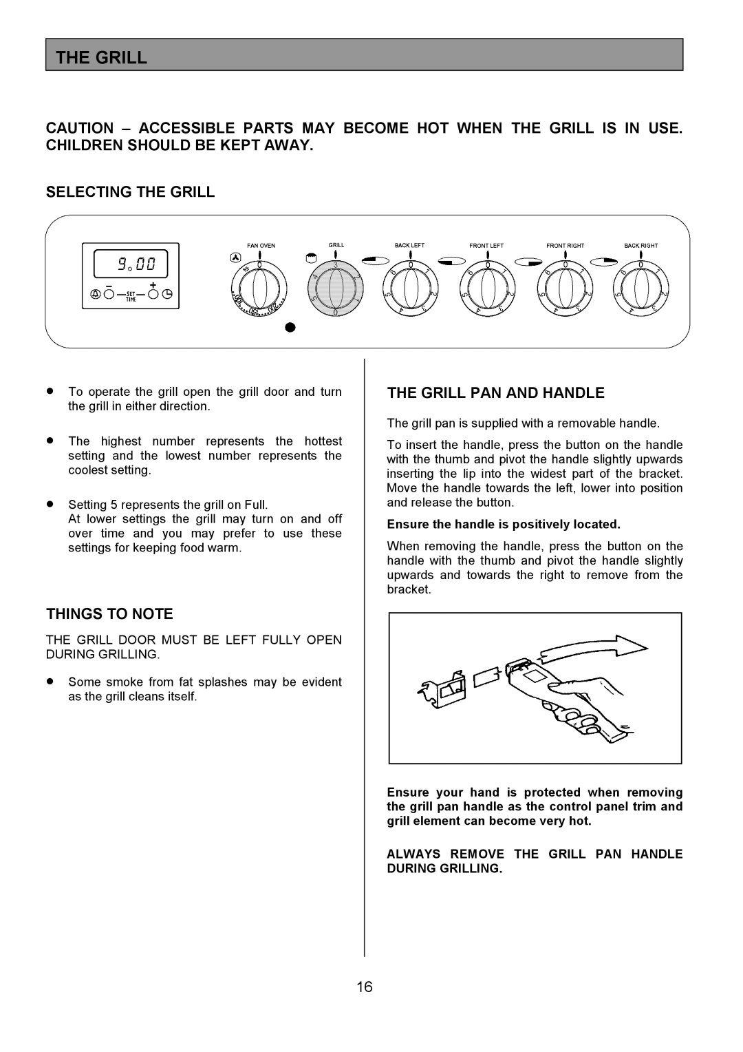 Tricity Bendix RE50G Selecting the Grill, Grill PAN and Handle, Always Remove the Grill PAN Handle During Grilling 