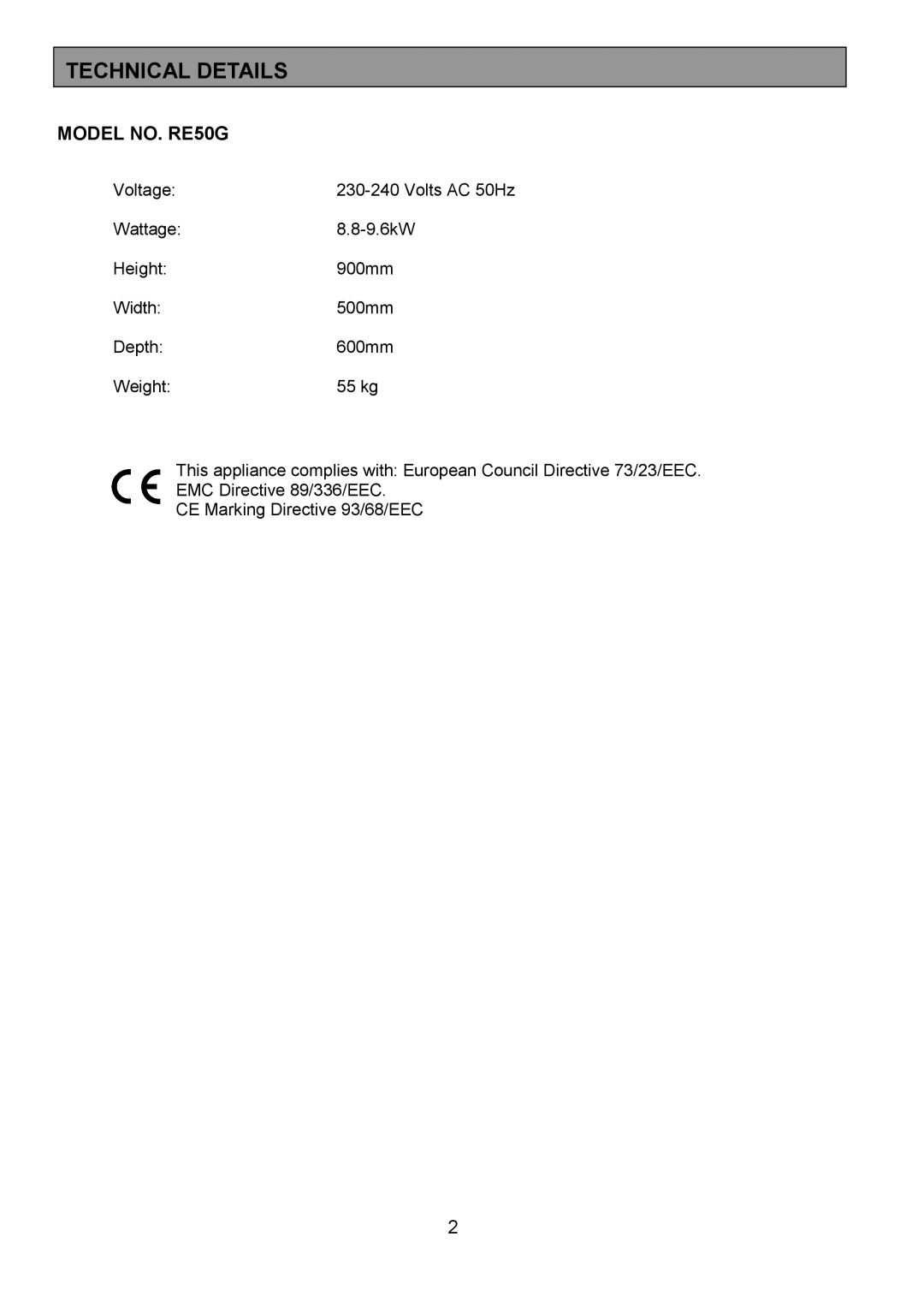 Tricity Bendix installation instructions Technical Details, Model NO. RE50G 