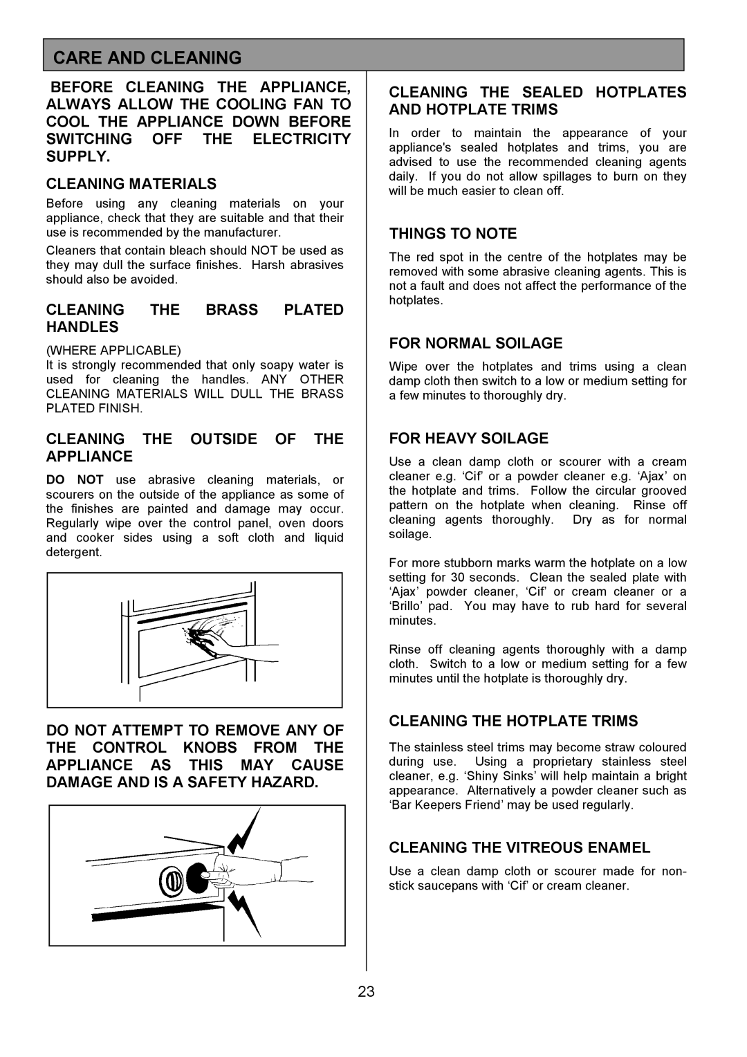 Tricity Bendix RE50G installation instructions Care and Cleaning 