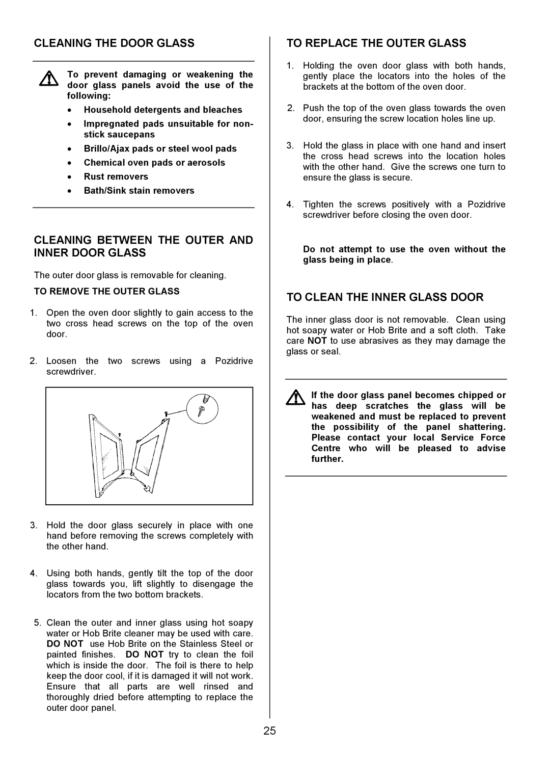 Tricity Bendix RE50G Cleaning the Door Glass, Cleaning Between the Outer and Inner Door Glass, To Replace the Outer Glass 