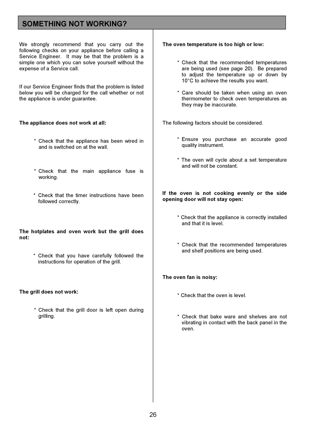 Tricity Bendix RE50G installation instructions Something not WORKING?, Appliance does not work at all 