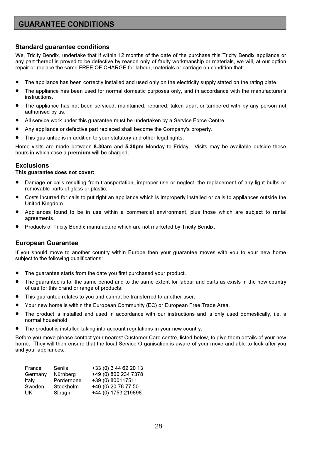 Tricity Bendix RE50G installation instructions Guarantee Conditions, Standard guarantee conditions 