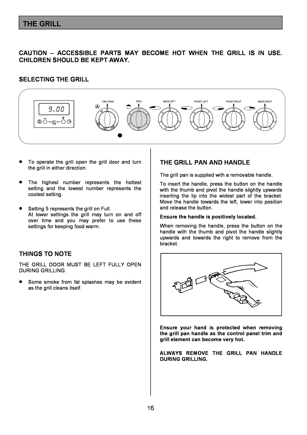 Tricity Bendix RE50G installation instructions Selecting The Grill, Things To Note, The Grill Pan And Handle 