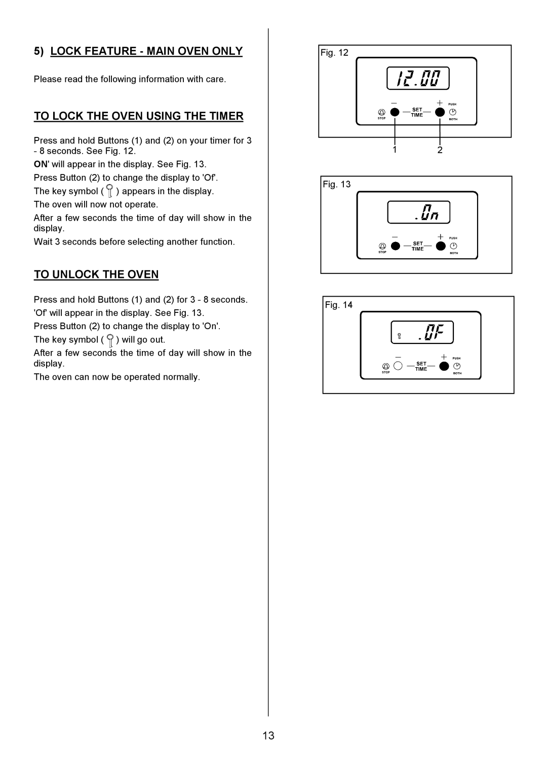 Tricity Bendix RE50GC Lock Feature Main Oven only, To Lock the Oven Using the Timer, To Unlock the Oven 