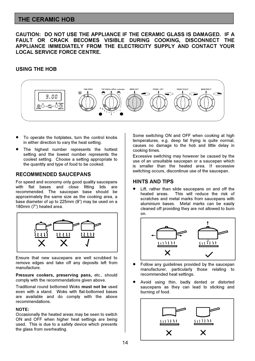 Tricity Bendix RE50GC installation instructions Ceramic HOB, Using the HOB, Recommended Saucepans, Hints and Tips 