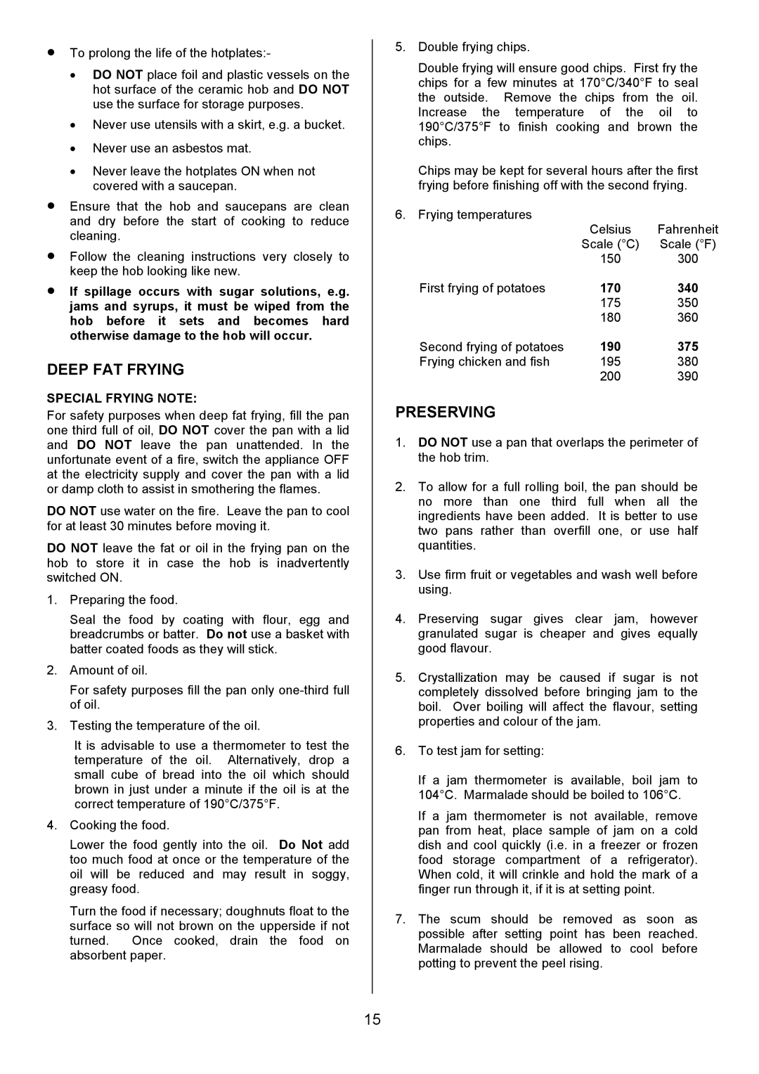 Tricity Bendix RE50GC installation instructions Deep FAT Frying, Preserving, Special Frying Note, 170 340, 190 375 