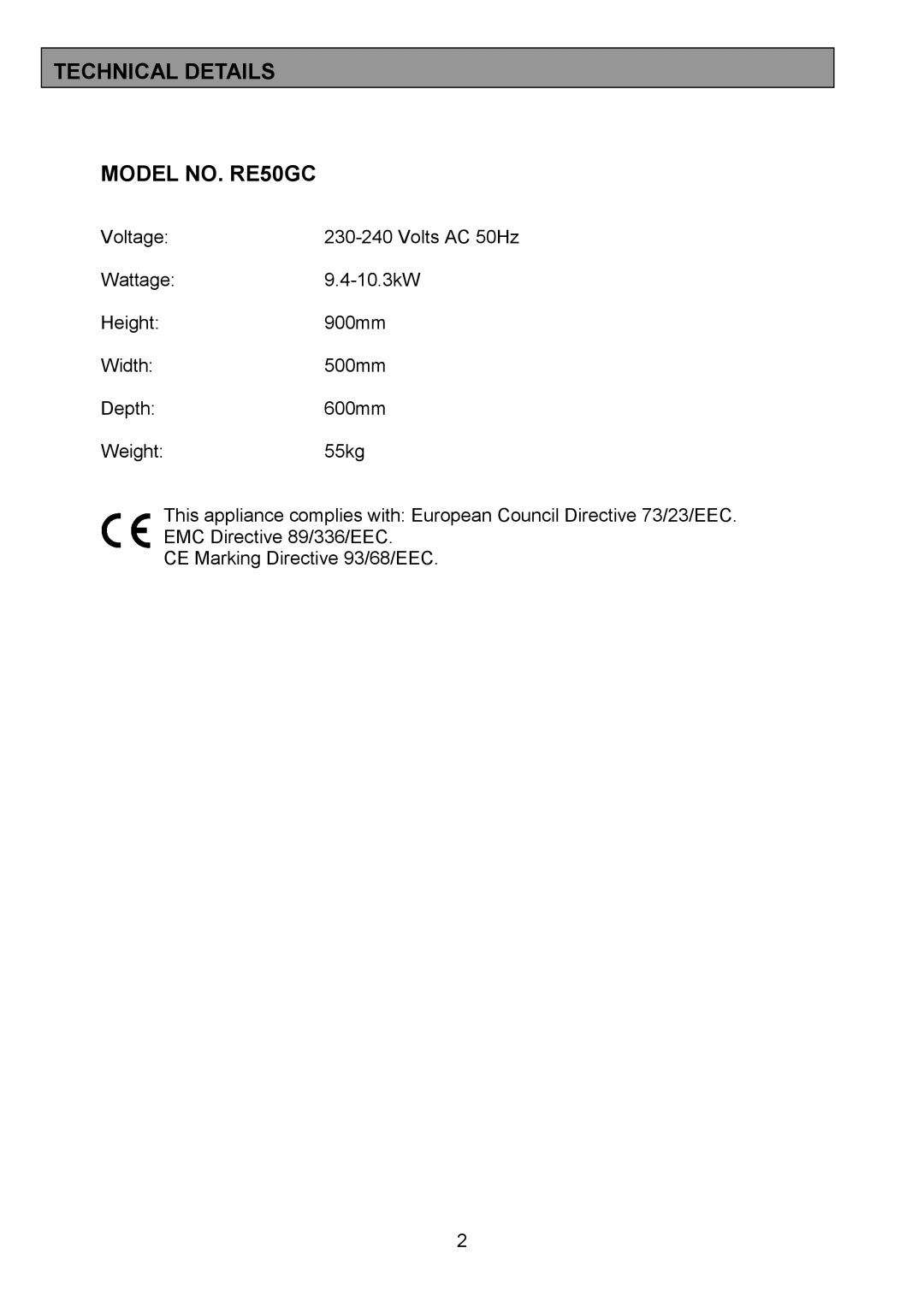 Tricity Bendix installation instructions Technical Details Model NO. RE50GC 