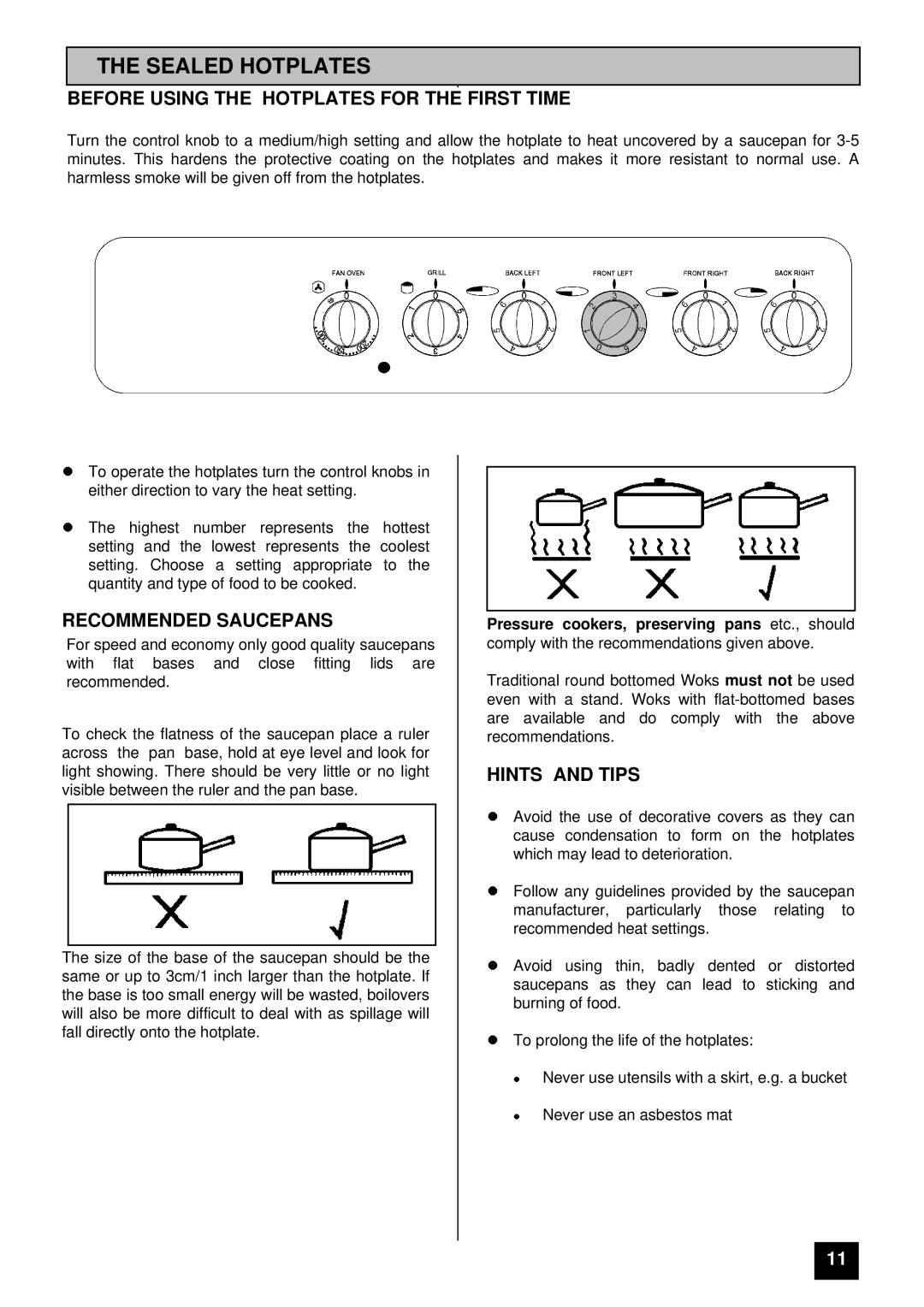 Tricity Bendix RE50M Sealed Hotplates, Before Using the Hotplates for the First Time, Recommended Saucepans 