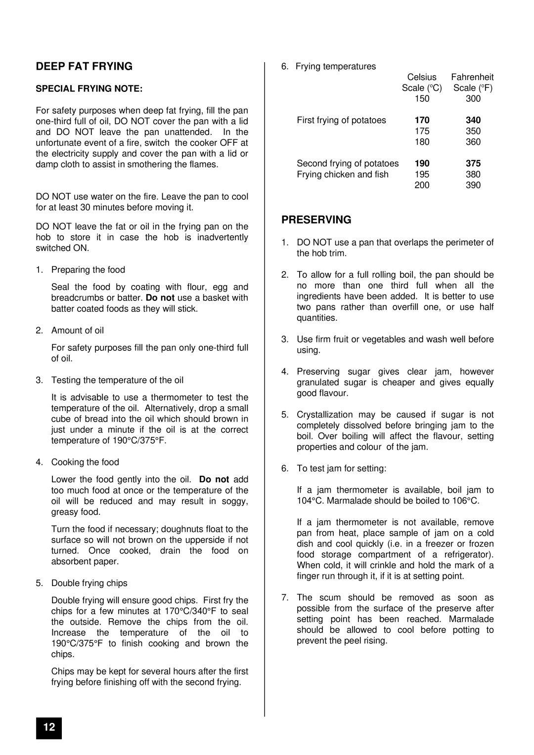 Tricity Bendix RE50M installation instructions Deep FAT Frying, Preserving 