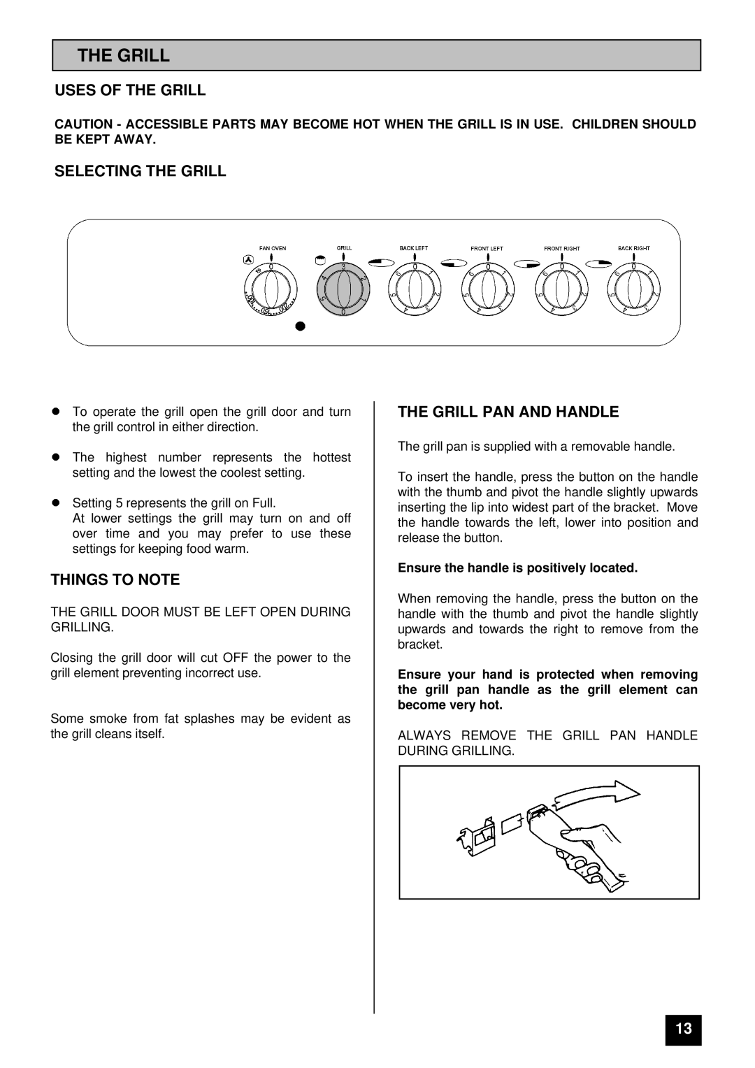 Tricity Bendix RE50M Uses of the Grill Selecting the Grill, Things to Note, Grill PAN and Handle 