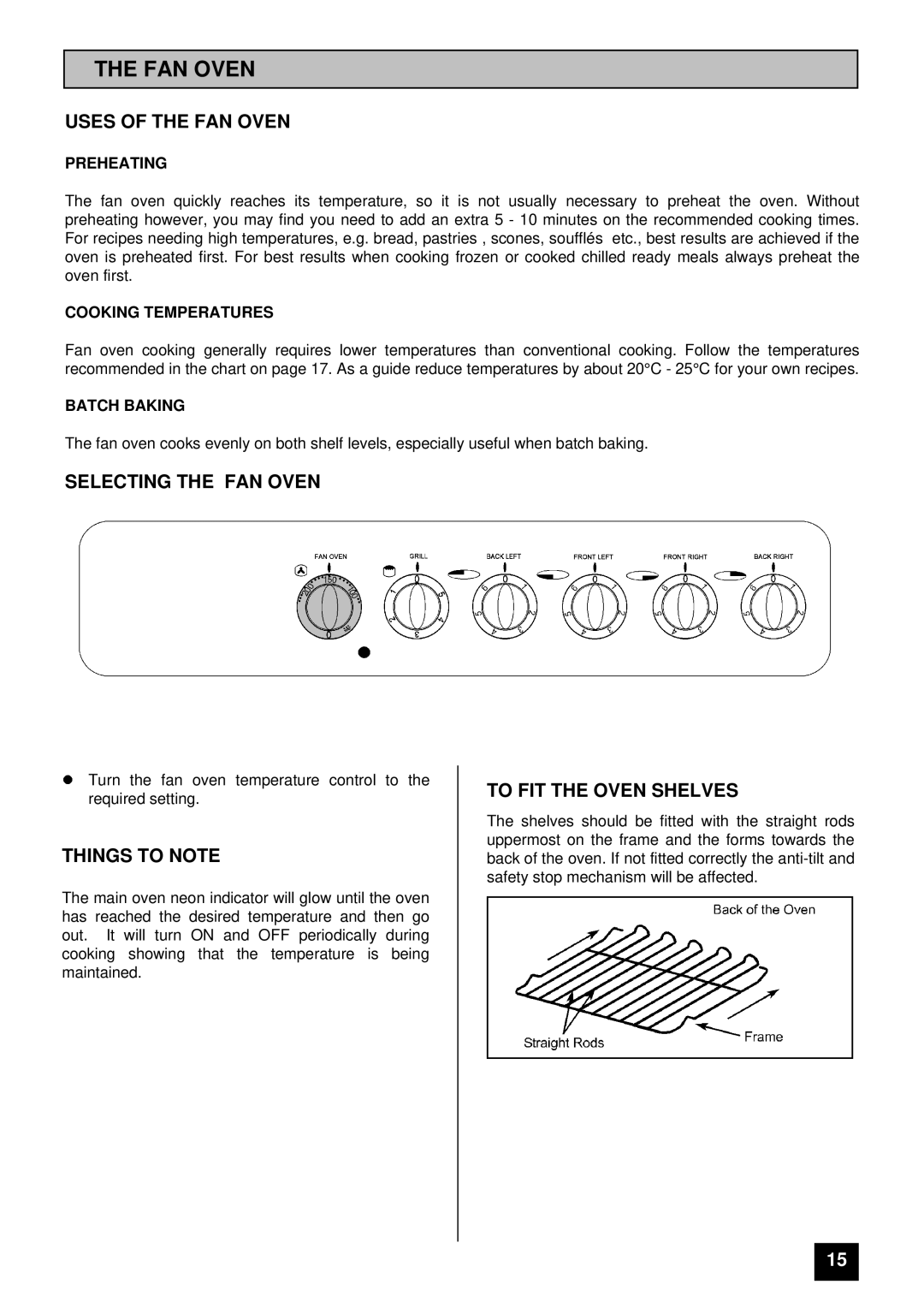 Tricity Bendix RE50M installation instructions Uses of the FAN Oven, Selecting the FAN Oven, To FIT the Oven Shelves 