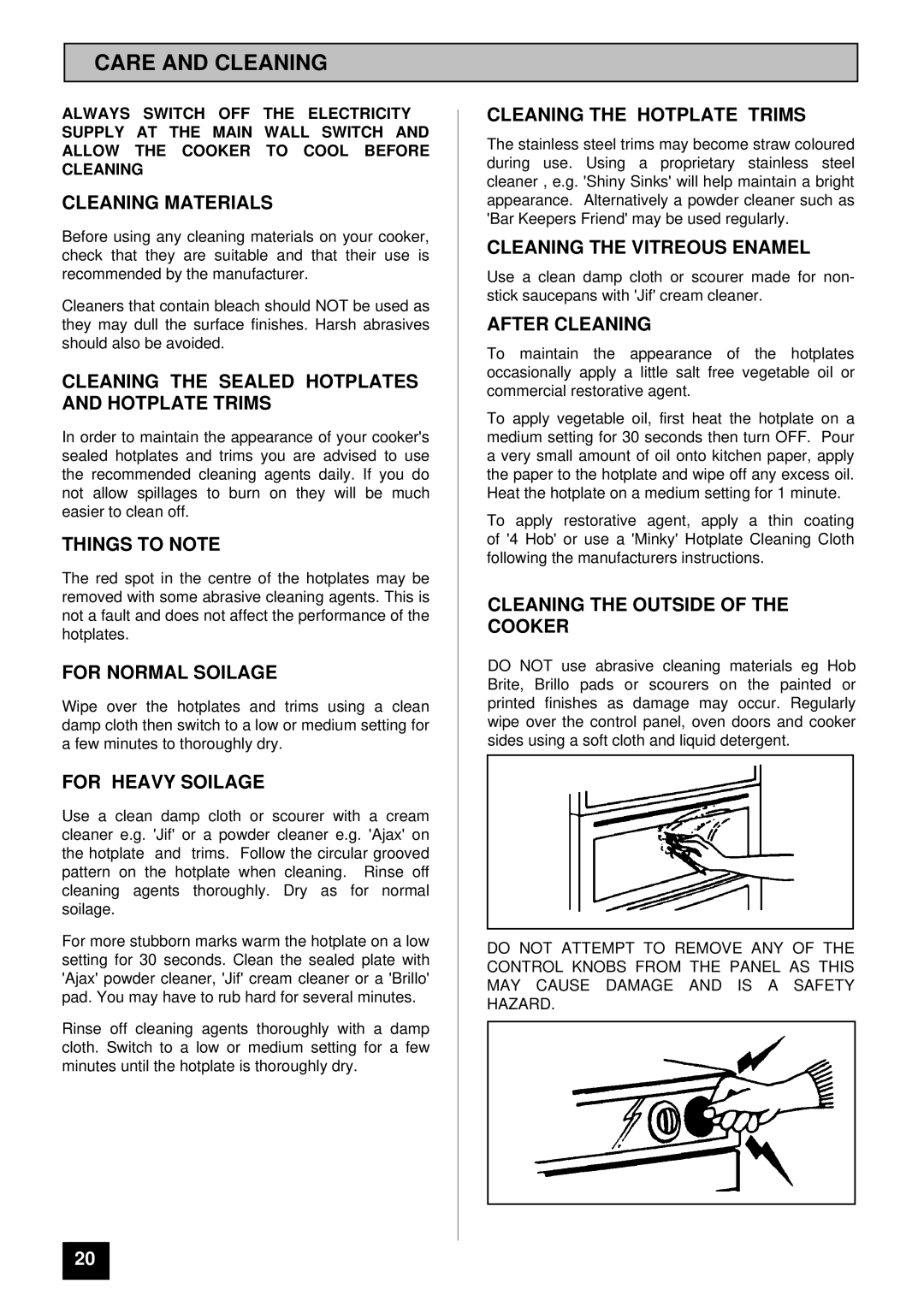 Tricity Bendix RE50M installation instructions Care and Cleaning 