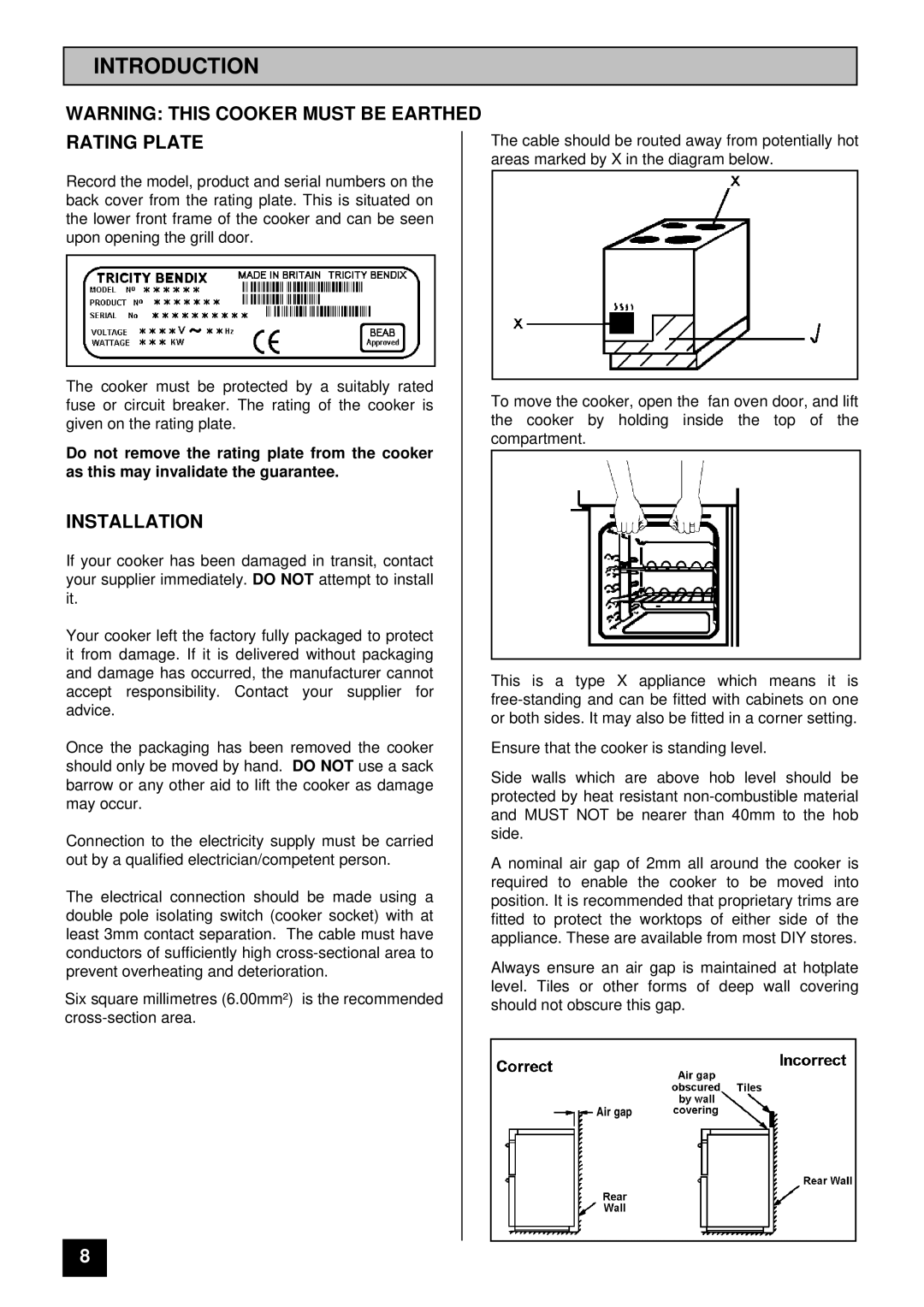 Tricity Bendix RE50M installation instructions Introduction, Rating Plate, Installation 