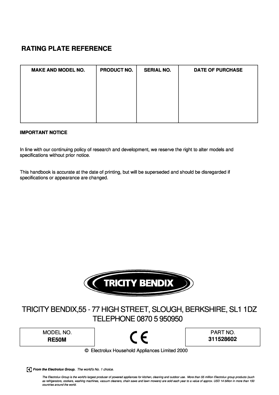 Tricity Bendix RE50M Rating Plate Reference, 311528602, TRICITY BENDIX,55 - 77 HIGH STREET, SLOUGH, BERKSHIRE, SL1 1DZ 