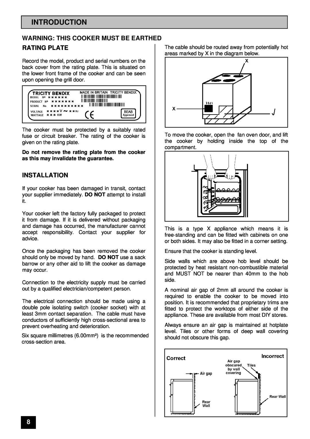 Tricity Bendix RE50M installation instructions Introduction, Warning This Cooker Must Be Earthed Rating Plate, Installation 