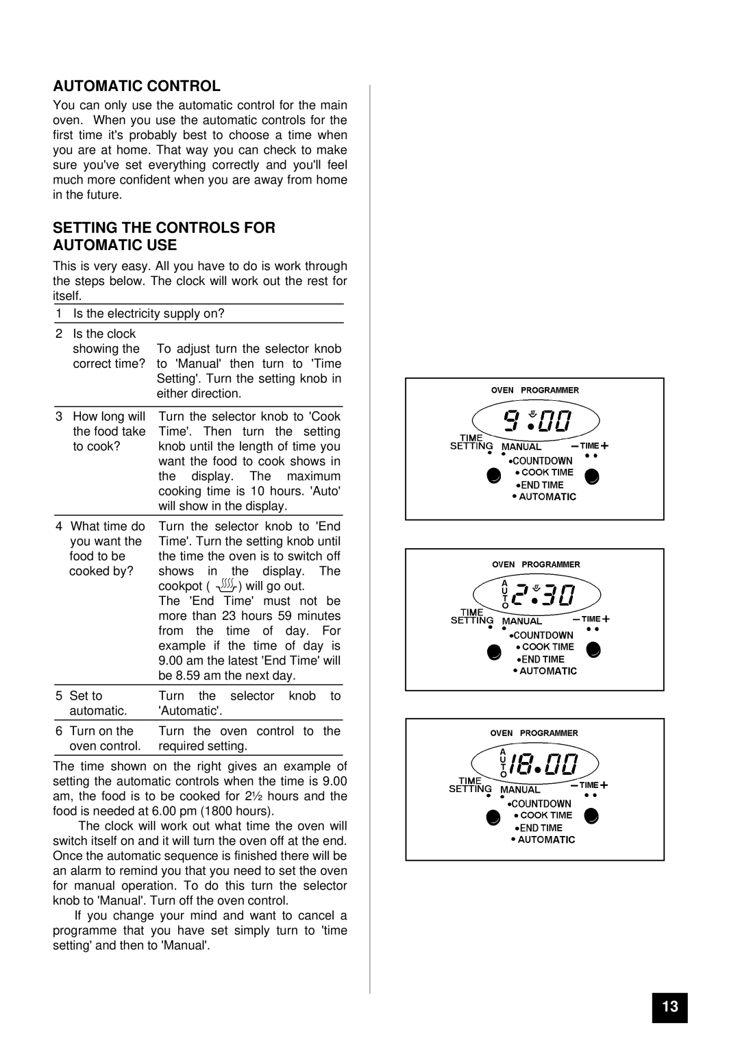 Tricity Bendix RE60 SS, RE60DC installation instructions Automatic Control, Setting the Controls for Automatic USE 