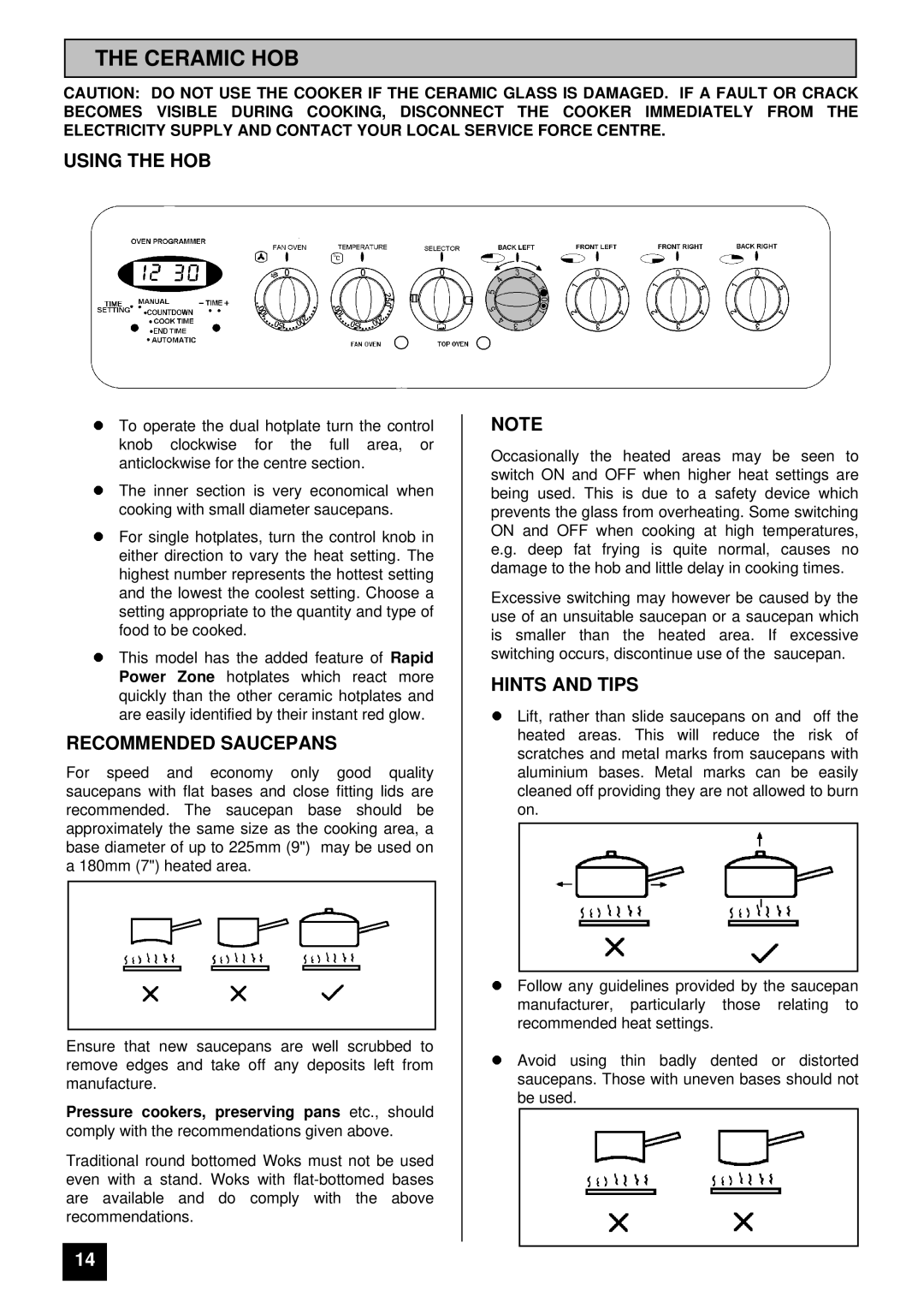 Tricity Bendix RE60DC, RE60 SS installation instructions Ceramic HOB, Using the HOB, Recommended Saucepans 